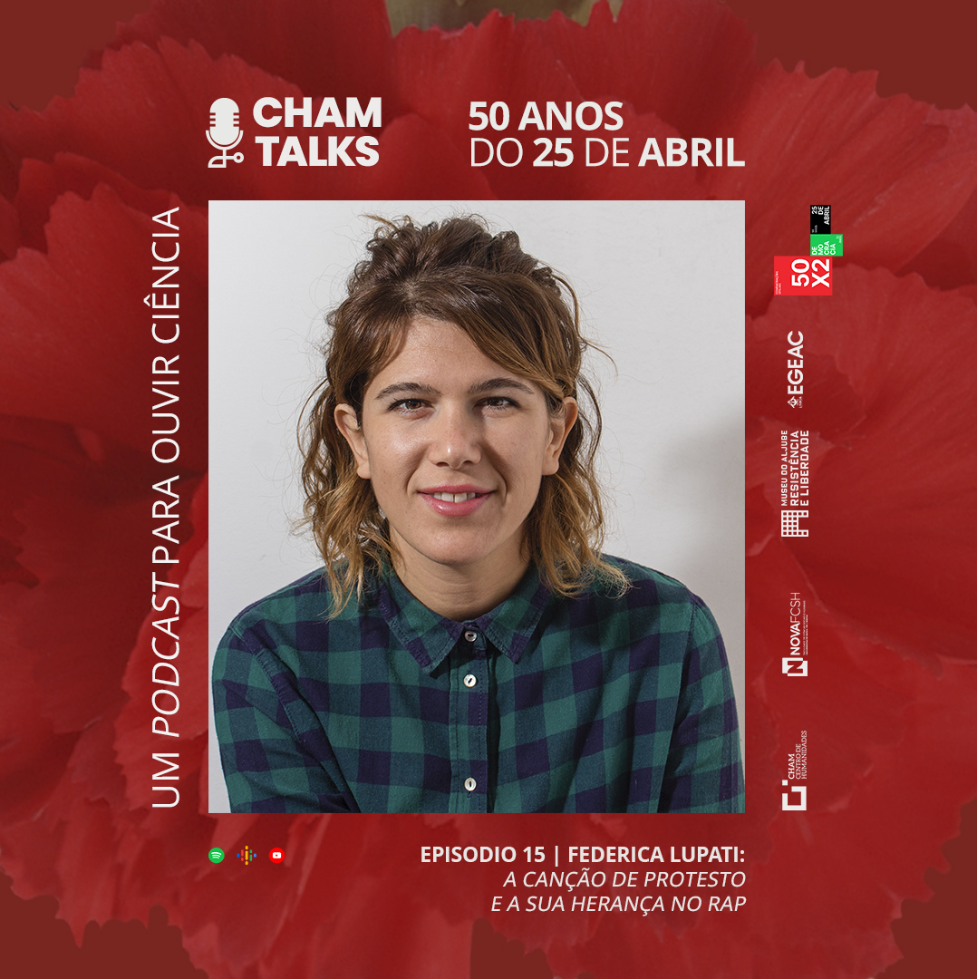 Capa do Evento «A canção de protesto e a sua herança no rap», com Federica Lupati: série «50 Anos do 25 de Abril» de «CHAM Talks, um podcast para ouvir ciência»