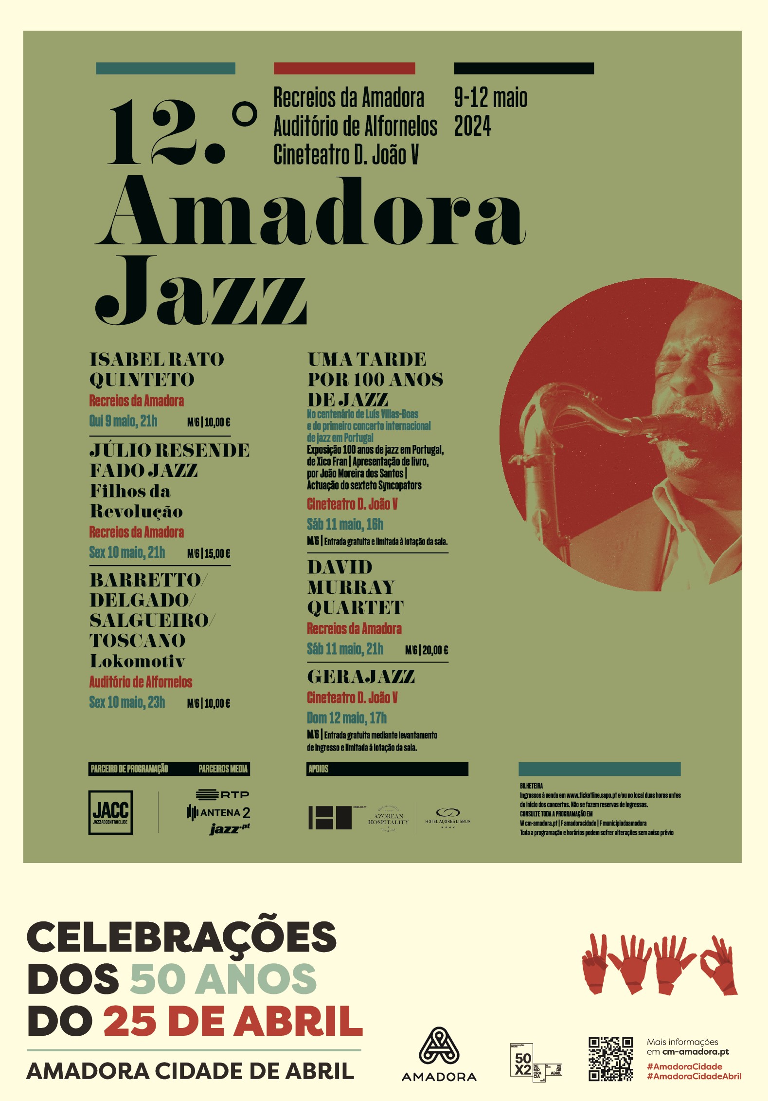 Capa Oficial do Evento 12.º AMADORA JAZZ 2024 - Uma tarde por 100 anos de Jazz no Centenário de Luís Villas-Boas e do Primeiro Concerto Internacional de Jazz em Portugal 