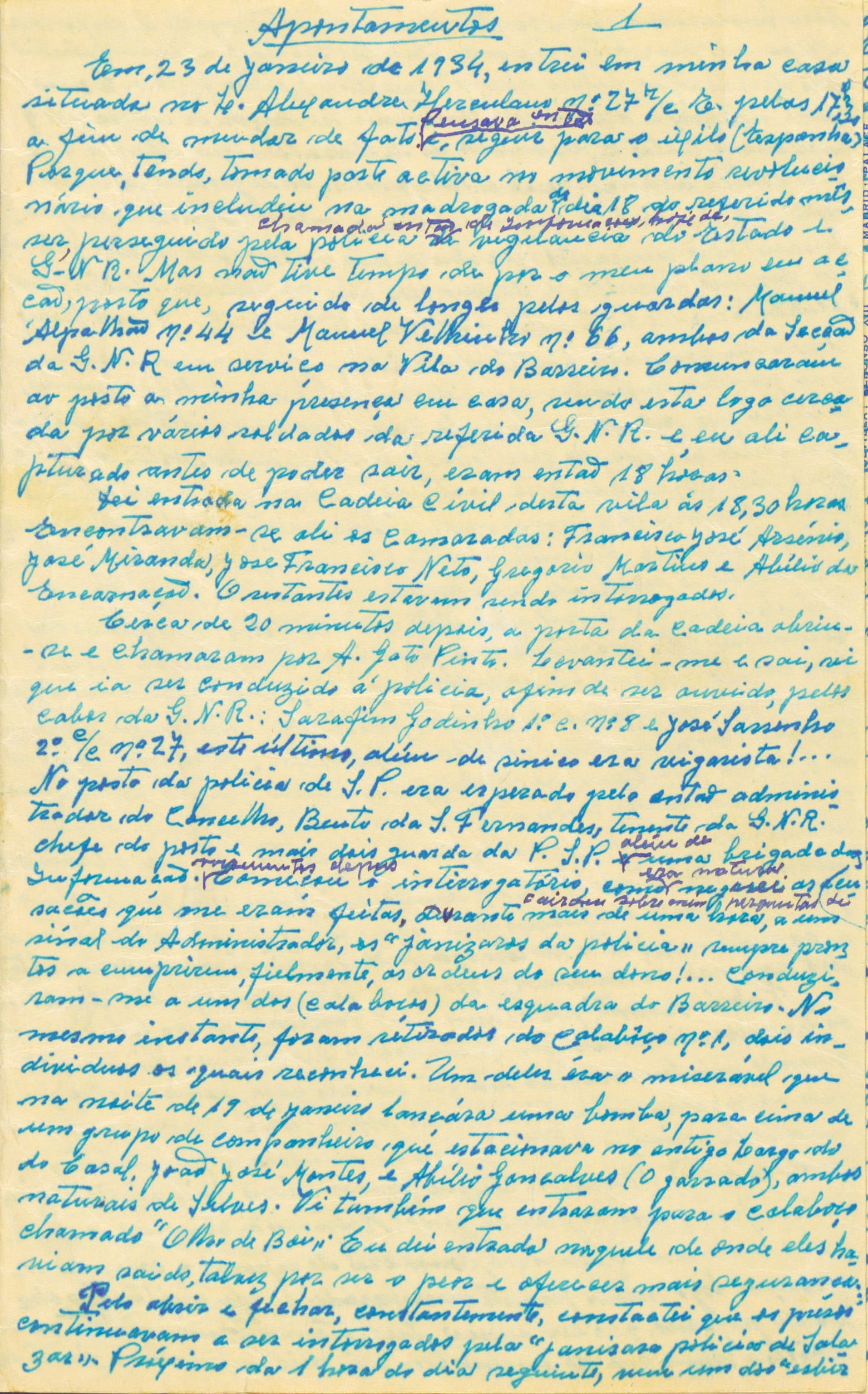 Apontamentos manuscritos de António Gato Pinto nos quais este relata pormenores da sua captura em 1934, na sequência da sua participação no movimento revolucionário de 18 de Janeiro daquele ano, e acontecimentos posteriores relativos à sua passagem pela Casa de Reclusão da Trafaria, pelos calabouços do Governo Civil de Lisboa e pela cadeia do Aljube. Os acontecimentos narrados situam-se entre 23.ABR.1934 e 24.JUL.1934. Fonte: AMSMB, Pasta: 09612.017