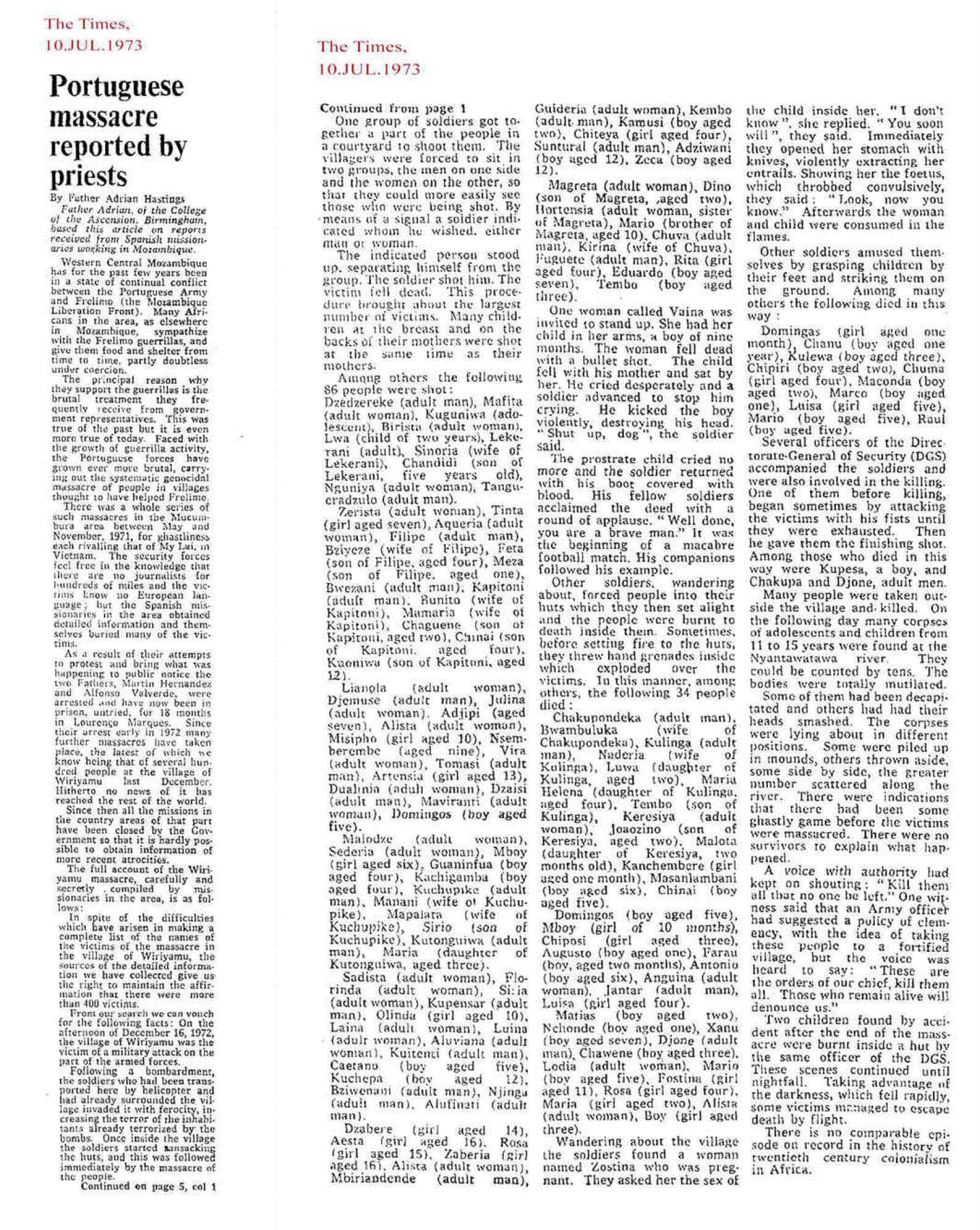 «Portuguese massacre reported by priests», The Times, 10 de julho de 1973. Artigo da autoria do Pe. Adrian Hastings, denunciando o massacre de Wiriamu. Fonte: FMSMB, AMS