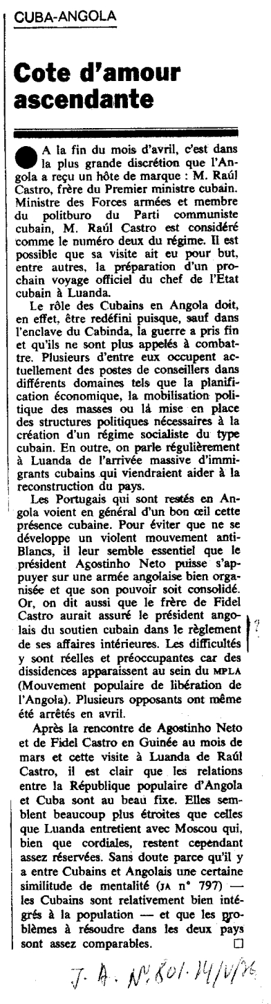 «Cuba - Angola. Cote d'amour ascendante», Jeune Afrique, n.º 801, 14 de maio de 1976. Refere a visita de Raúl Castro a Angola. Fonte: FMSMB, AMPA