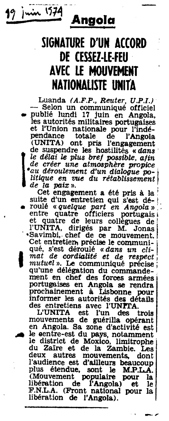 «Angola - Signature d'un accord de cessez-le-feu avec le mouvement nationaliste UNITA», recorte do jornal Le Monde sobre o acordo de cessar fogo entre Portugal e a UNITA, 19 de junho de 1974. Fonte: FMSMB, AMS