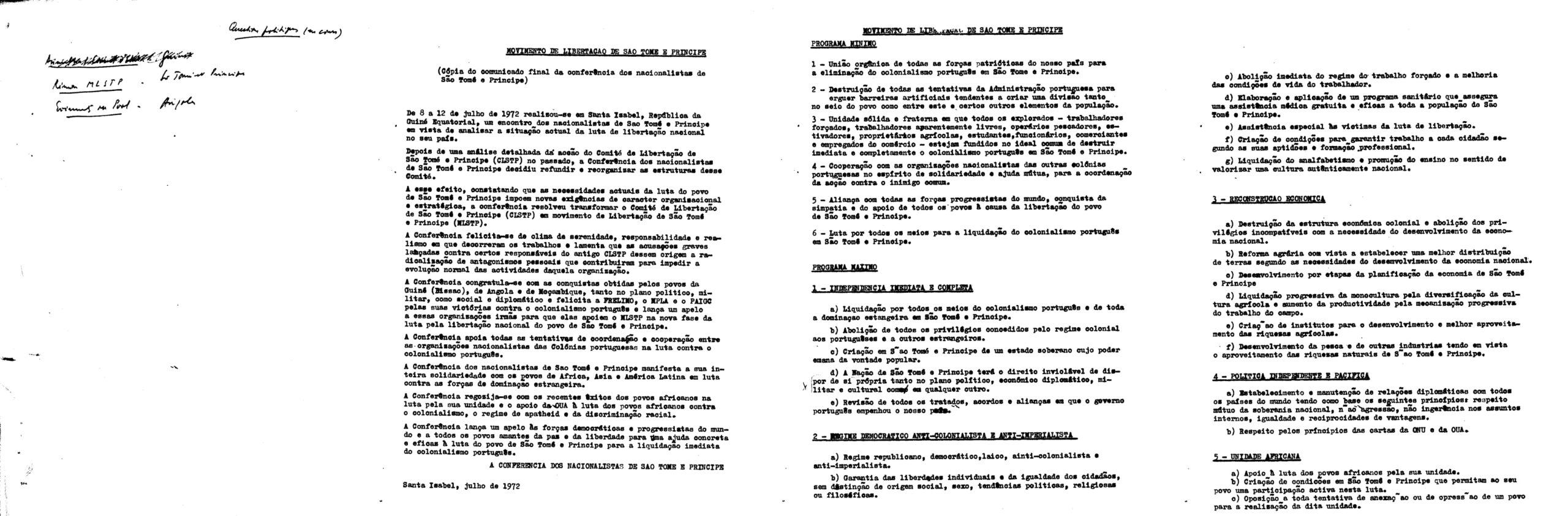 Comunicado final da conferência dos nacionalistas de São Tomé e Príncipe anunciando a criação do MLSTP, 12 de junho de 1972. Fonte: FMSMB, AMPA