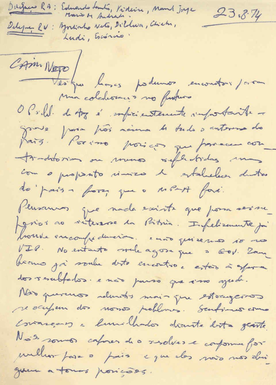 Notas de Mário Pinto de Andrade e Fernando Costa Andrade (?) durante o Congresso, 27 de agosto de 1974. Fonte: FMSMB, Arquivo Mário Pinto de Andrade