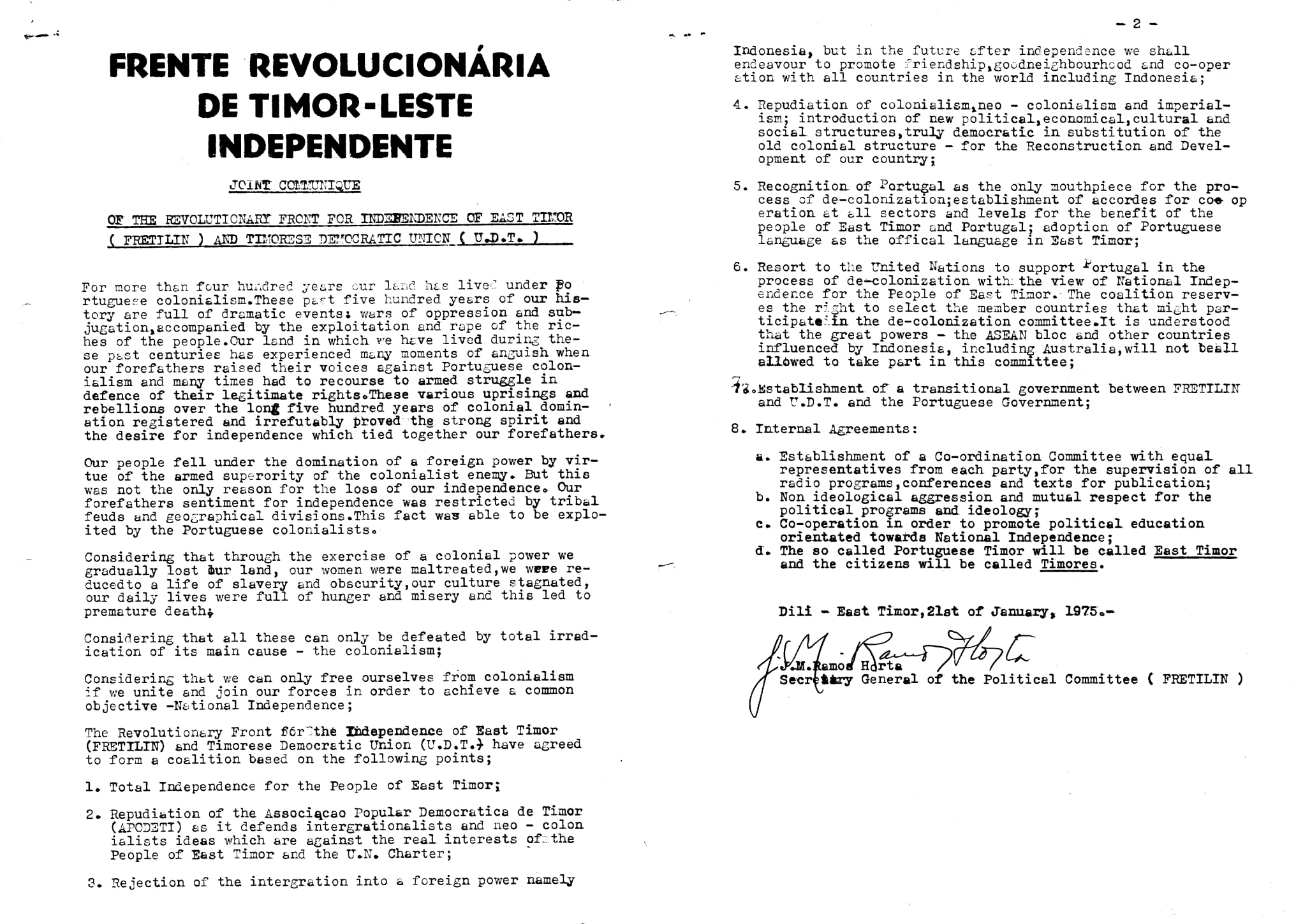 Comunicado de Ramos-Horta sobre a constituição de uma coligação entre a FRETILIN e a UDT, 21 de janeiro de 1975. Fonte: Arquivo da Resistência Timorense - Ramos-Horta