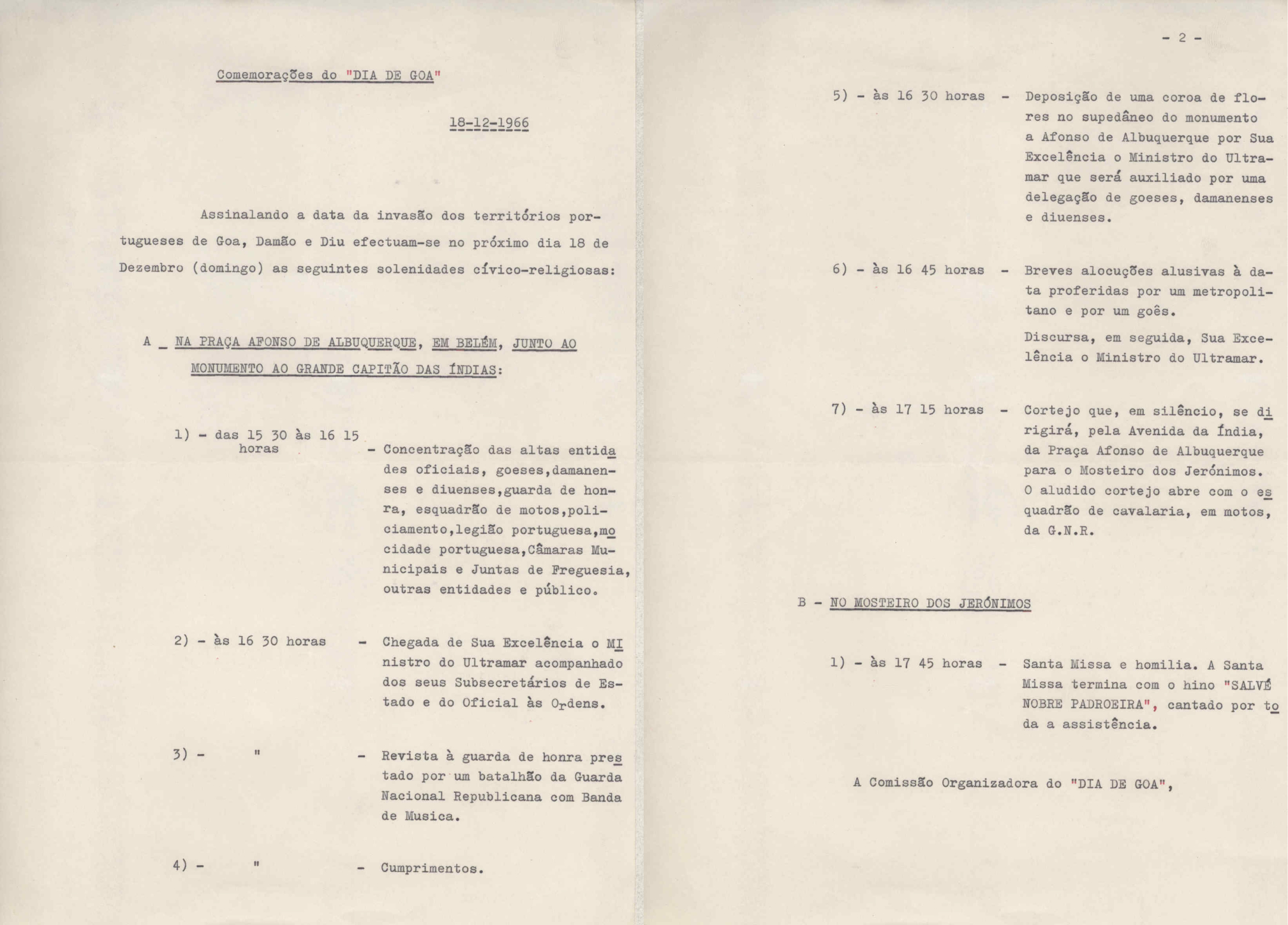 Programa das comemorações do «Dia de Goa» a realizar em 18 de dezembro de 1966, assinalando a data da invasão dos territórios de Goa, Damão e Diu. Fonte: FMSMB, Documentos Felicidade Alves