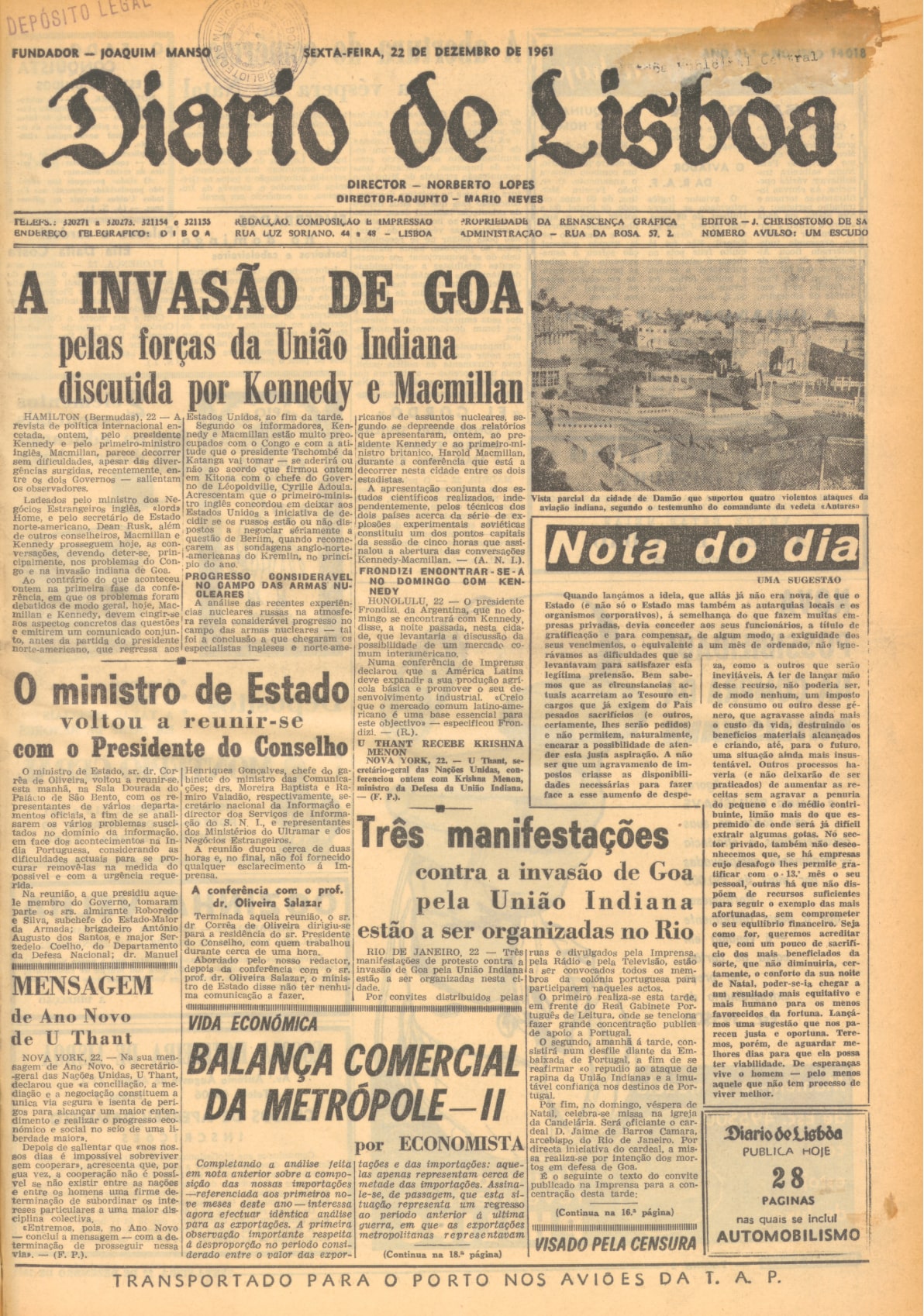 «A invasão de Goa pelas forças da União Indiana discutida por Kennedy e Macmillan», Diário de Lisboa, 22 de dezembro de 1961.