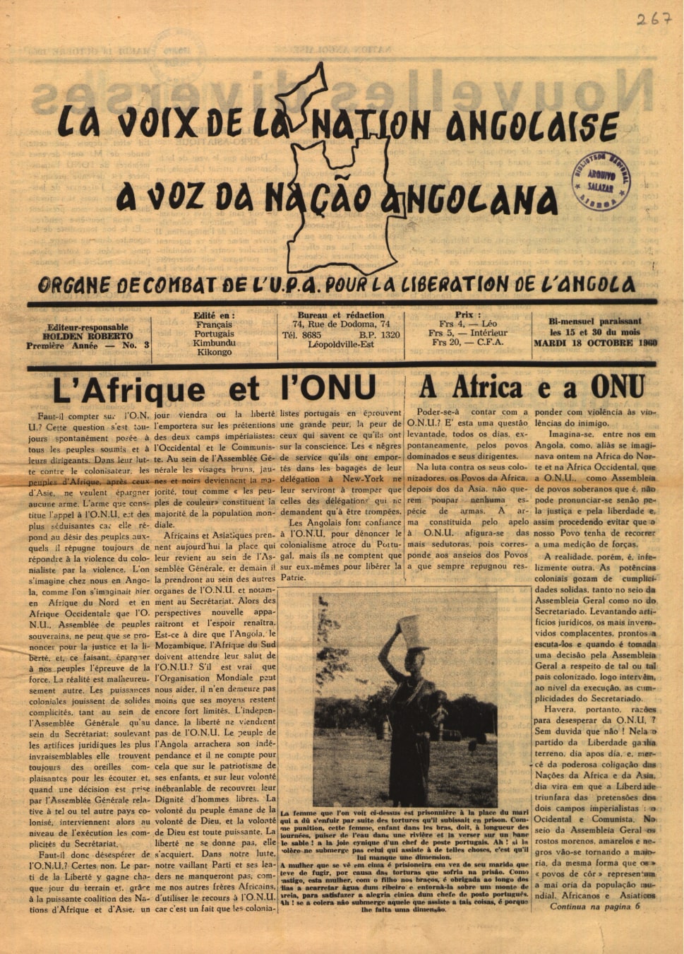 La voix de la nation angolaise / A voz da nação angolana, n.º 3, 18 de outubro de 1960. Publicação bilingue editada por Holden Roberto. Fonte: ANTT, AOS