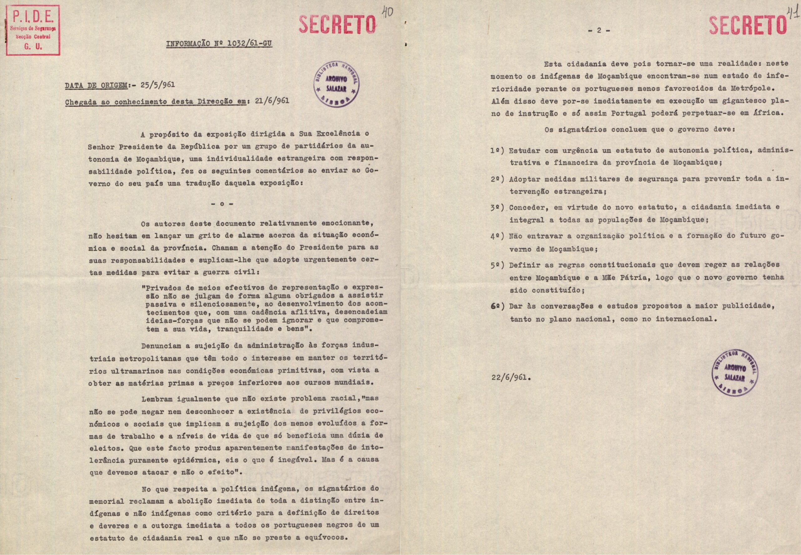 Informação da PIDE sobre uma exposição dirigida ao presidente da República por um grupo de partidários da autonomia de Moçambique, 15 de maio de 1961. Fonte: ANTT, AOS