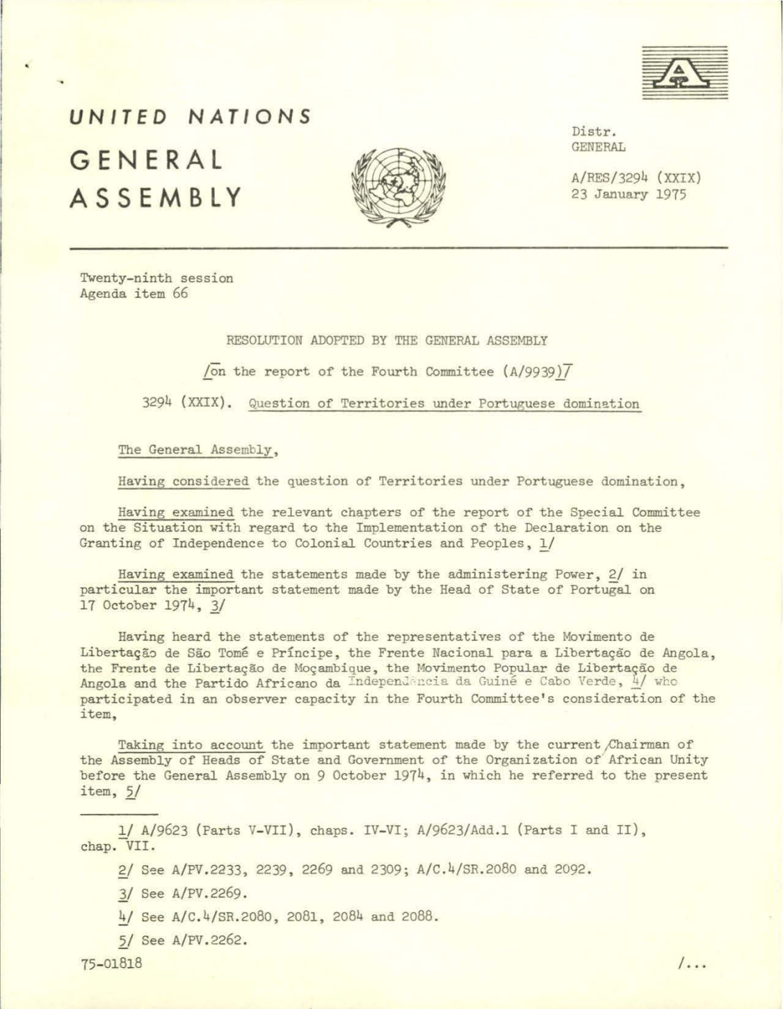 «Question of Territories under Portuguese Domination», Resolução 3294 (XXIX) da Assembleia Geral das Nações Unidas, 13 de dezembro de 1974. Fonte: Arquivos das Nações Unidas