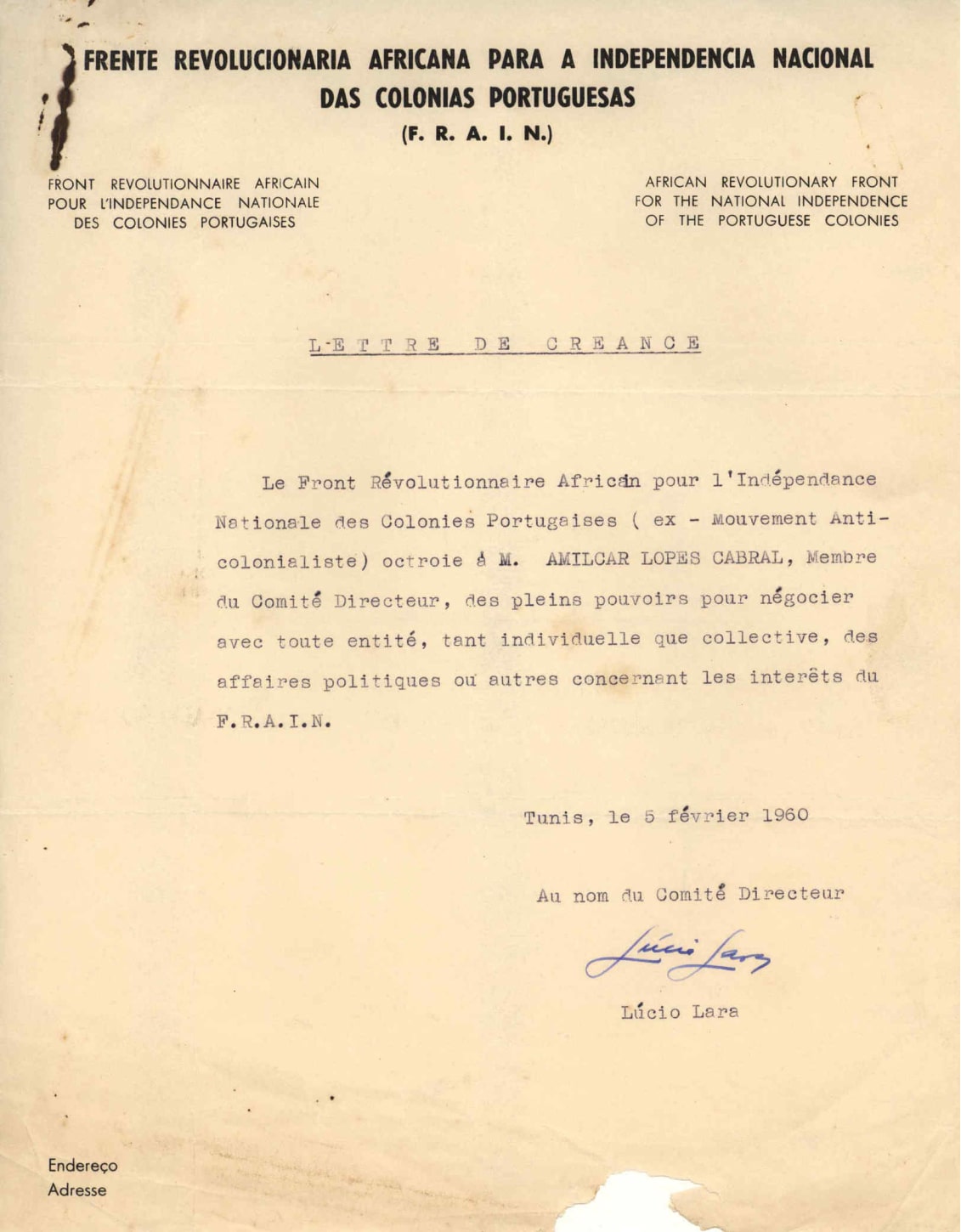 Credencial da FRAIN outorgando plenos poderes a Amílcar Cabral enquanto representante da FRAIN, 5 de fevereiro de 1960. Fonte: FMSMB, DAC