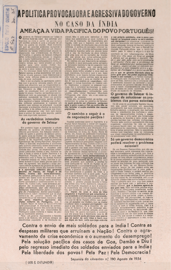 «A política provocadora e a agressividade do Governo no caso da Índia ameaça a vida do povo Português», Separata do jornal Avante, n.º 190, agosto de 1954. Fonte: AHS/ICS-ULisboa