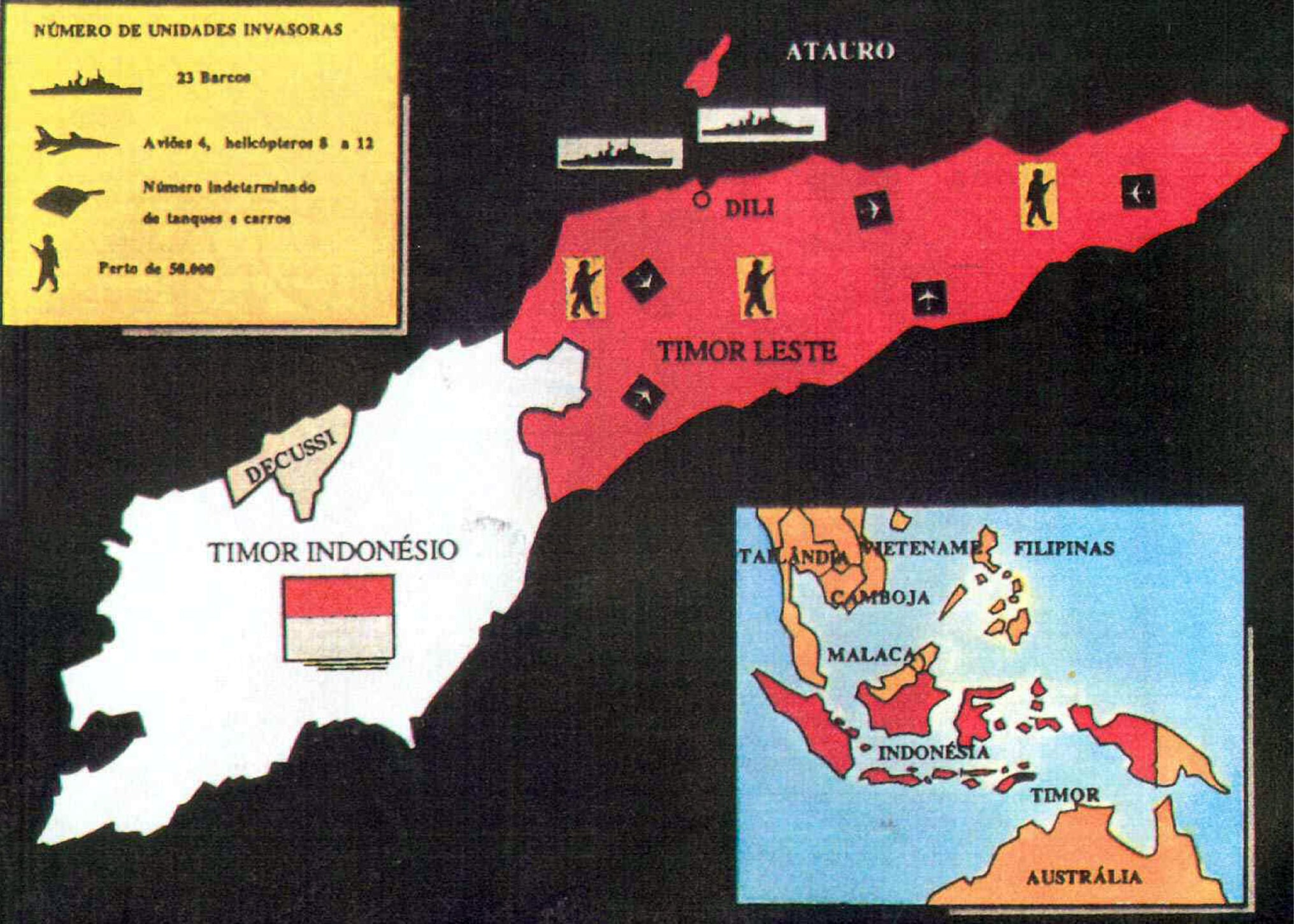 Mapa de Timor-Leste com  pormenores sobre a invasão indonésia em 7 de dezembro de 1975. Fonte: Arquivo da Resistência