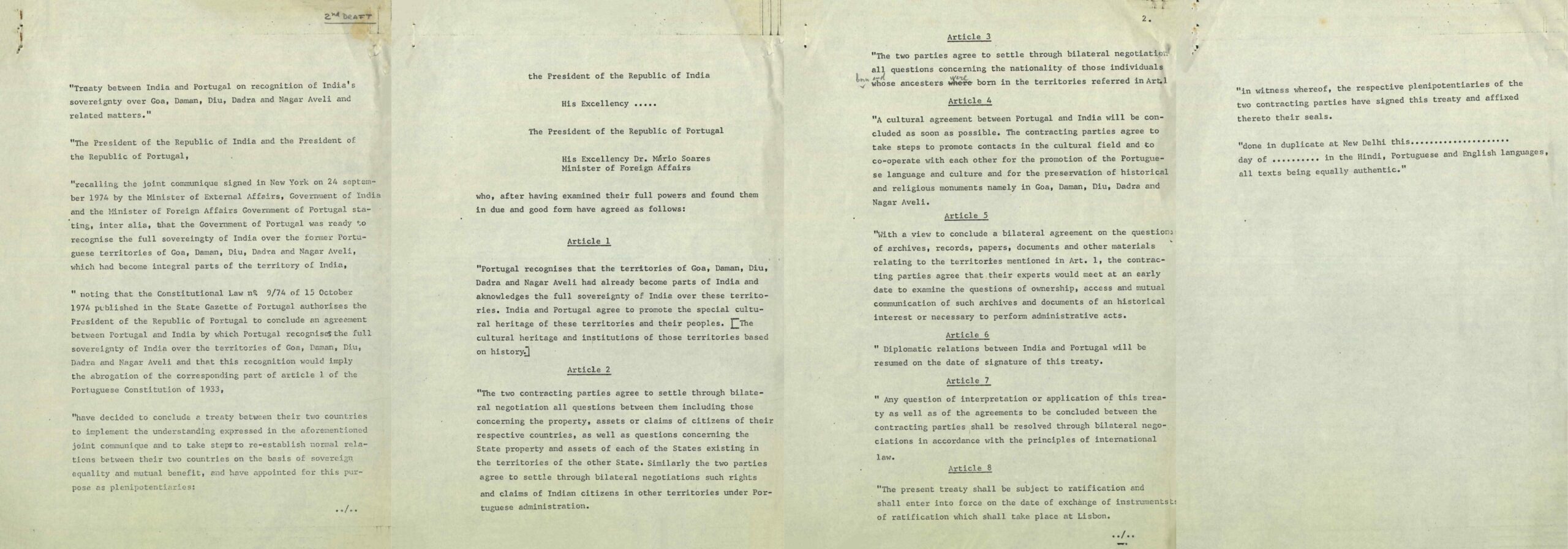 Versão preliminar do acordo diplomático entre a Índia e Portugal, reconhecendo a soberania indiana sobre Goa, Damão, Diu, Dadra e Nagar Aveli, dezembro de 1974. Fonte: FMSMB, António Arnão Metelo.