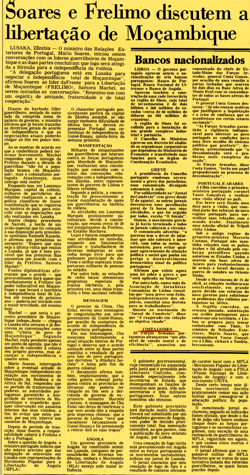 «Soares e Frelimo discutem a libertação de Moçambique», Folha de São Paulo, 6 de setembro de 1974. Fonte: MPR