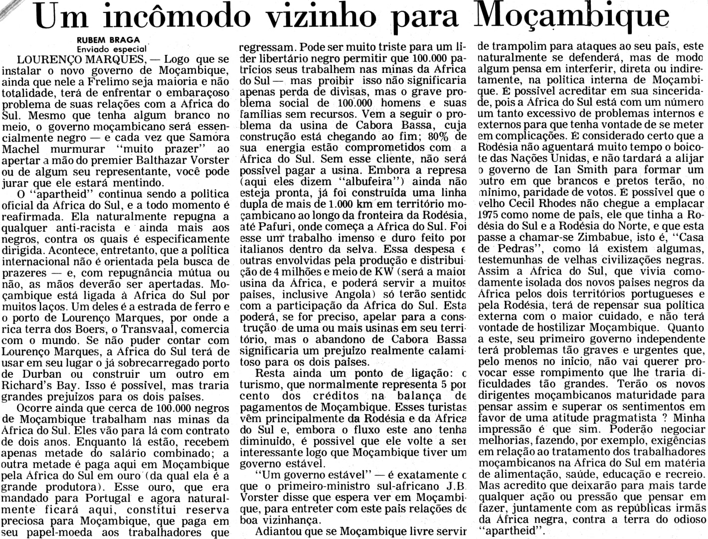 «Um incómodo vizinho para Moçambique», Folha de São Paulo, 5 de setembro de 1974. Fonte: MPR