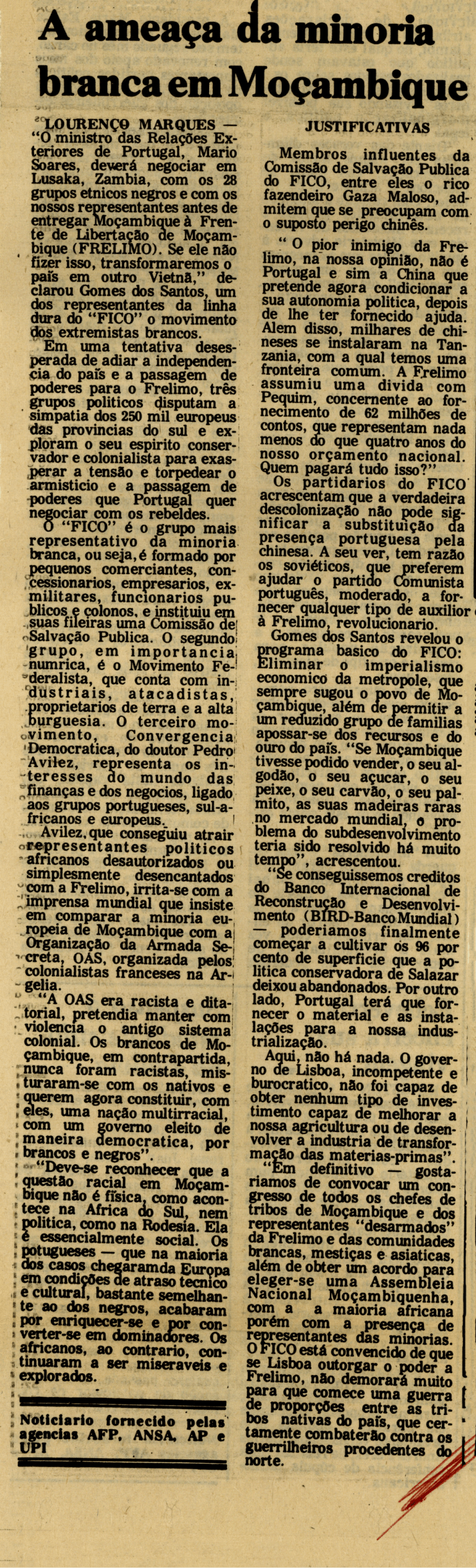 «A ameaça da minoria branca em Moçambique», Folha de São Paulo, 31 de julho de 1974. Entre outros assuntos, refere o grupo FICO. Fonte: MPR, Arquivo Costa Gomes