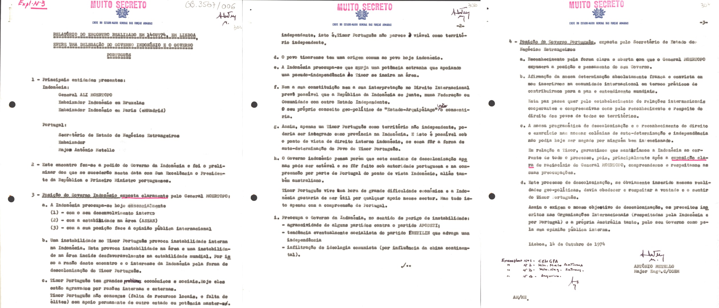 Relatório do encontro entre as delegações dos governos indonésio e português, realizado em Lisboa, em 14 de outubro de 1974. Fonte: Arquivo Histórico da Presidência da República