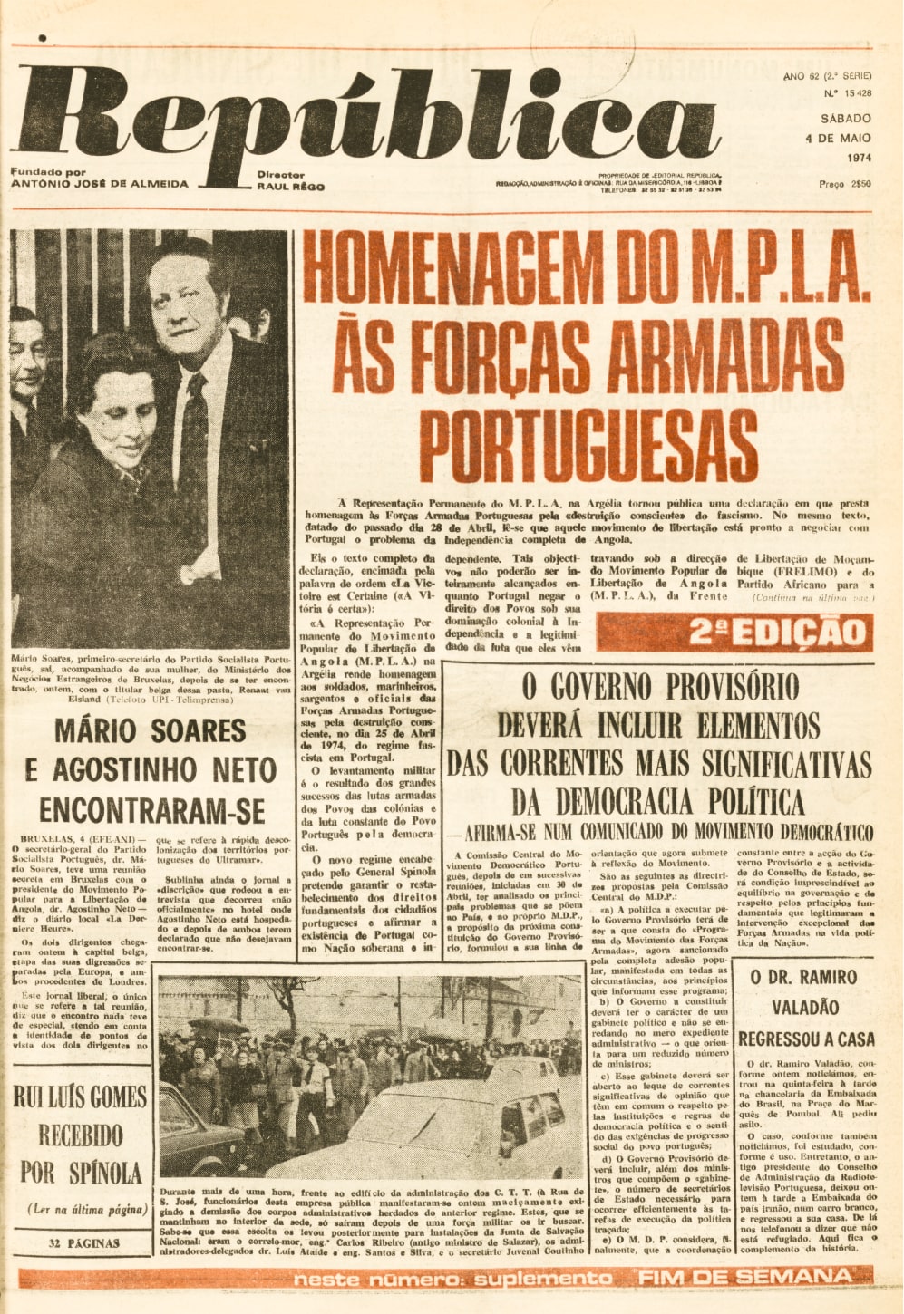 «Mário Soares e Agostinho Neto encontram-se», República, 4 de maio de 1974.