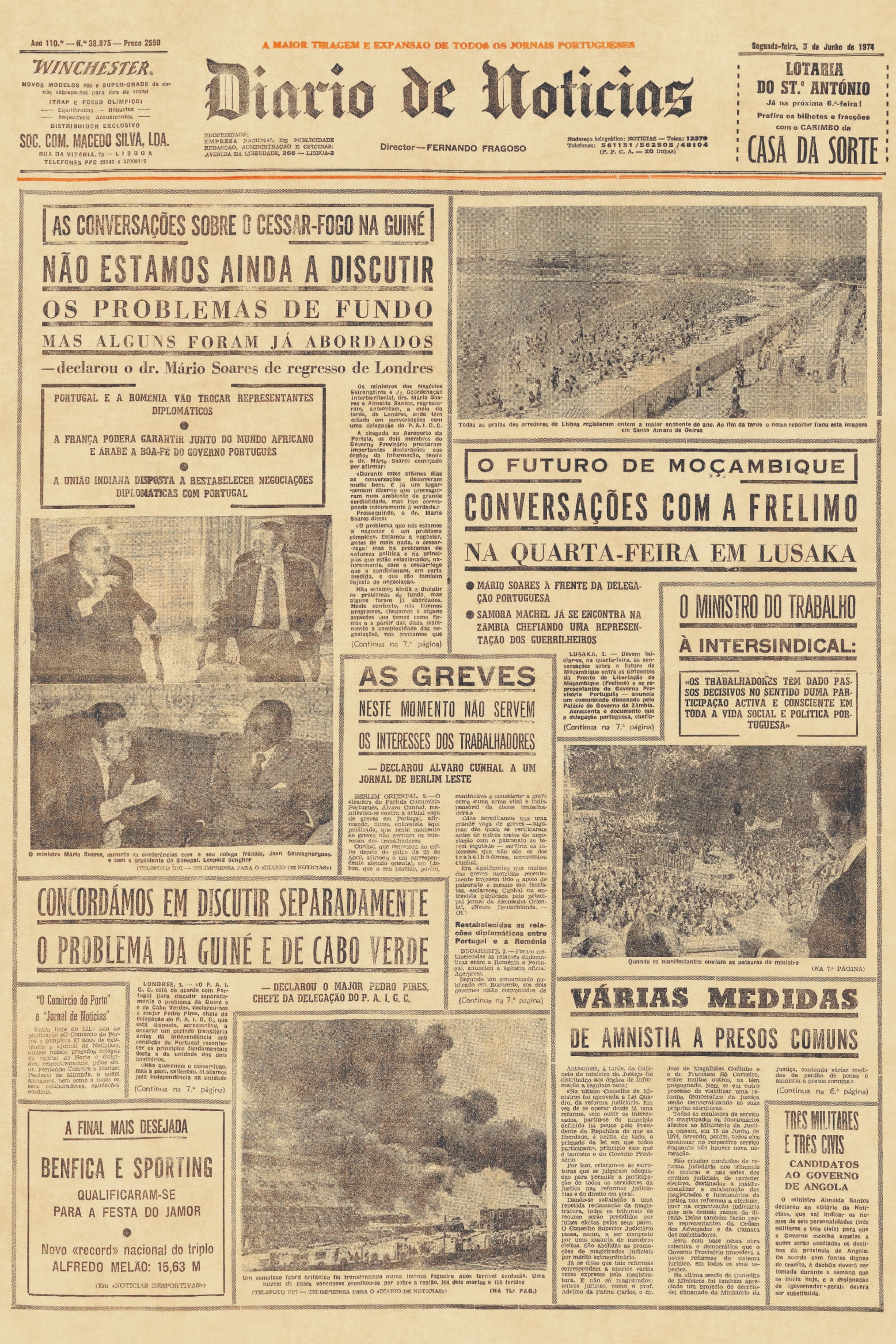 Notícias sobre conversações com os movimentos independentistas da Guiné e de Moçambique. Diário de Notícias, 3 de junho de 1974. HML.