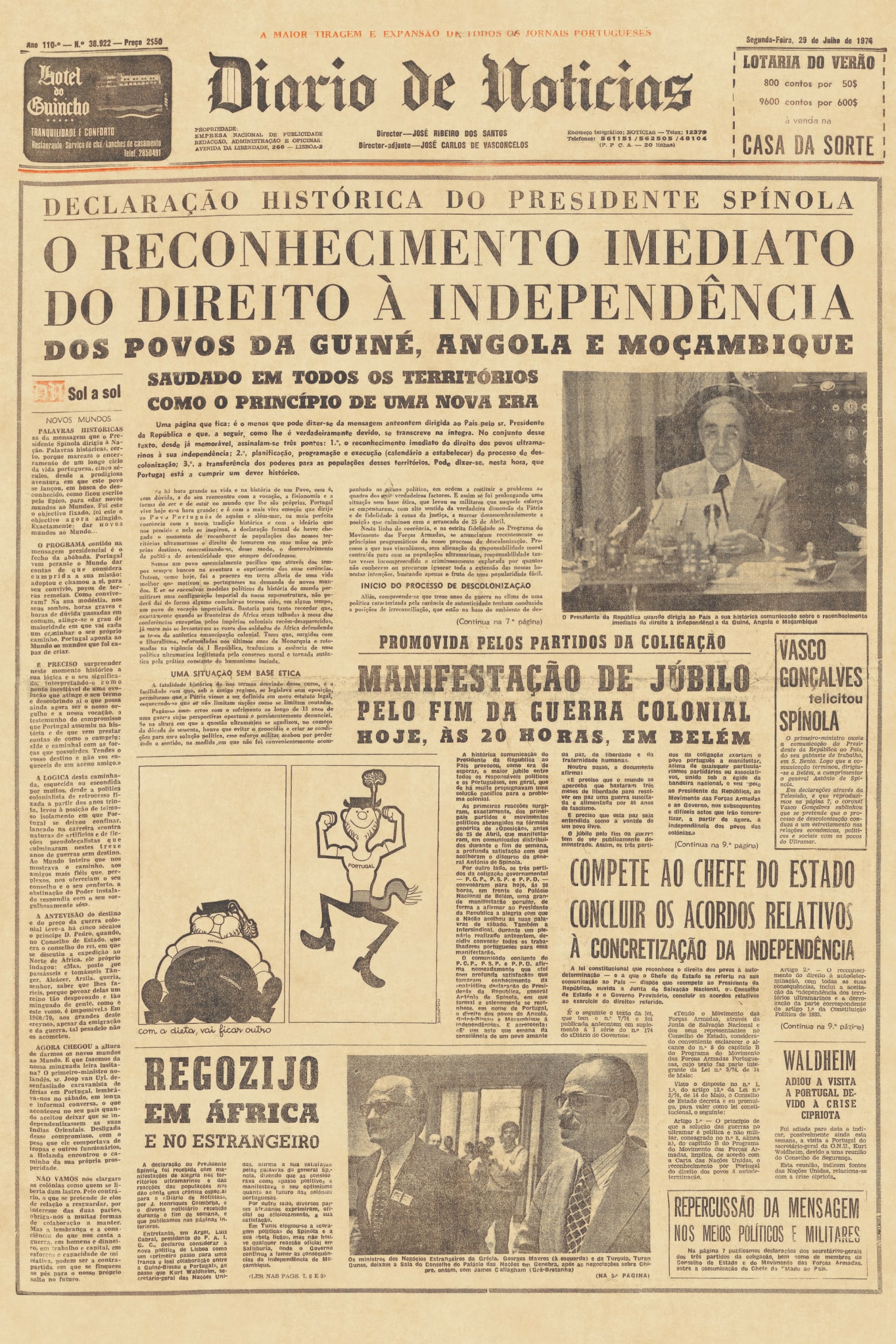 Notícias sobre as manifestações de júbilo pelo fim da Guerra Colonial. Na imagem, cartoon de João Abel Manta alusivo ao tema. Diário de Notícias, 29 de julho de 1974. HML.