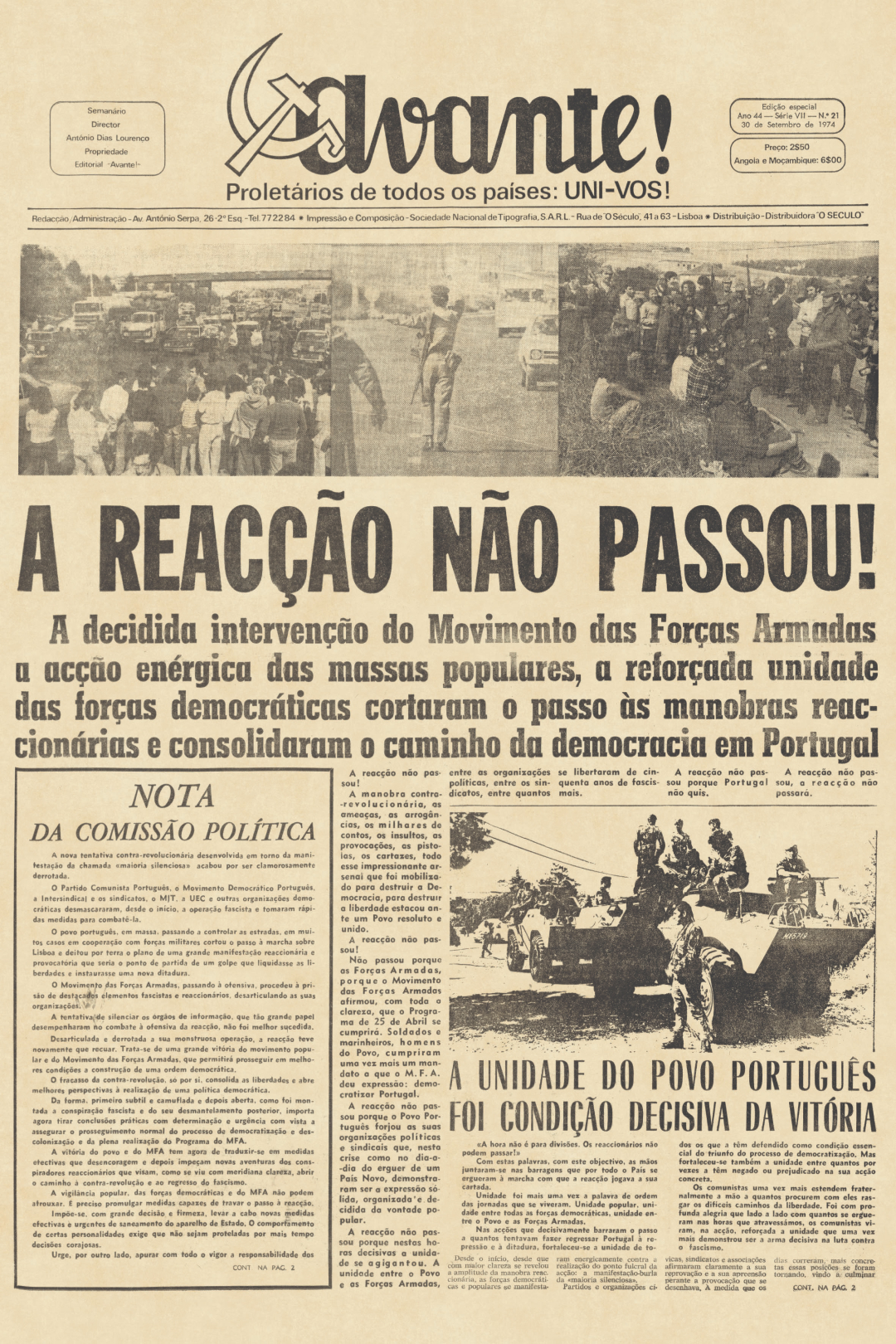 Edição do Avante! assinalando o fracasso o da manifestação da «maioria silenciosa». 30 de setembro de 1974. HML. 