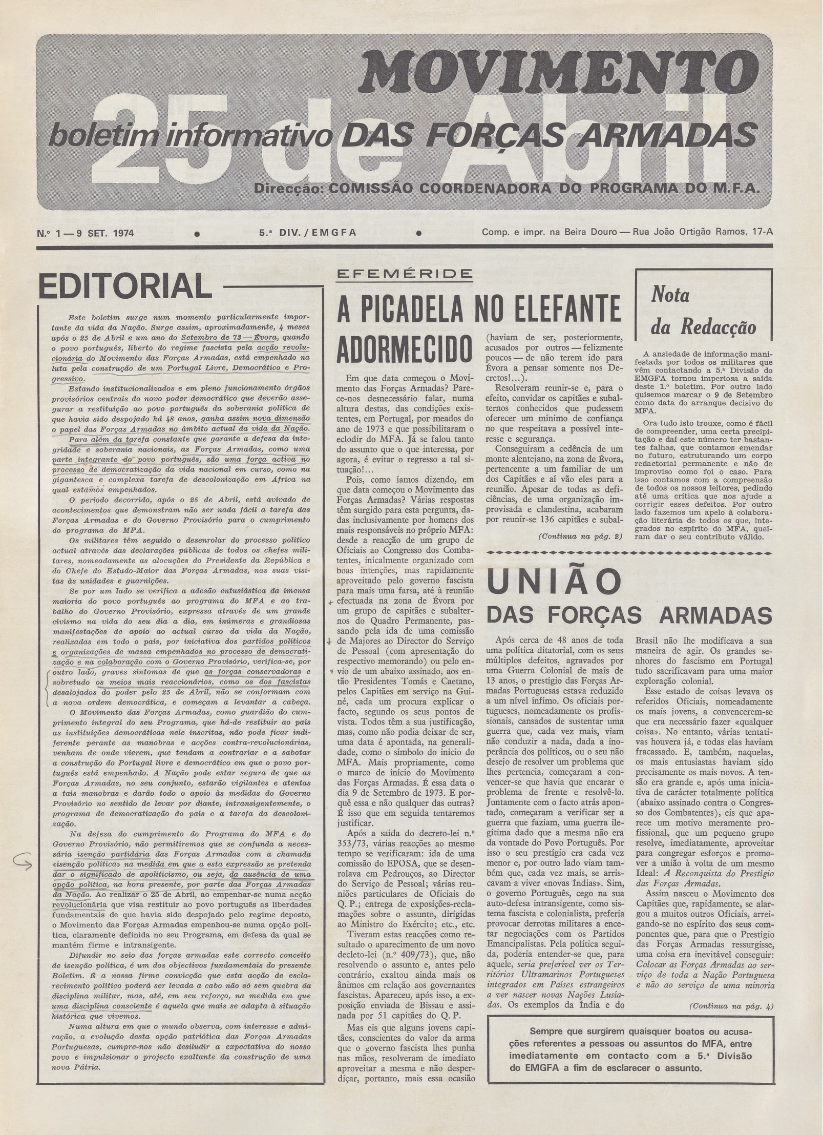 Movimento – Boletim informativo do MFA, uma das publicações emblemáticas da 5.ª Divisão (órgão de informação e propaganda do MFA). Lisboa, 09 de setembro de 1974. FMSMB, Fundo Boletim MFA/Associação 25 de Abril.