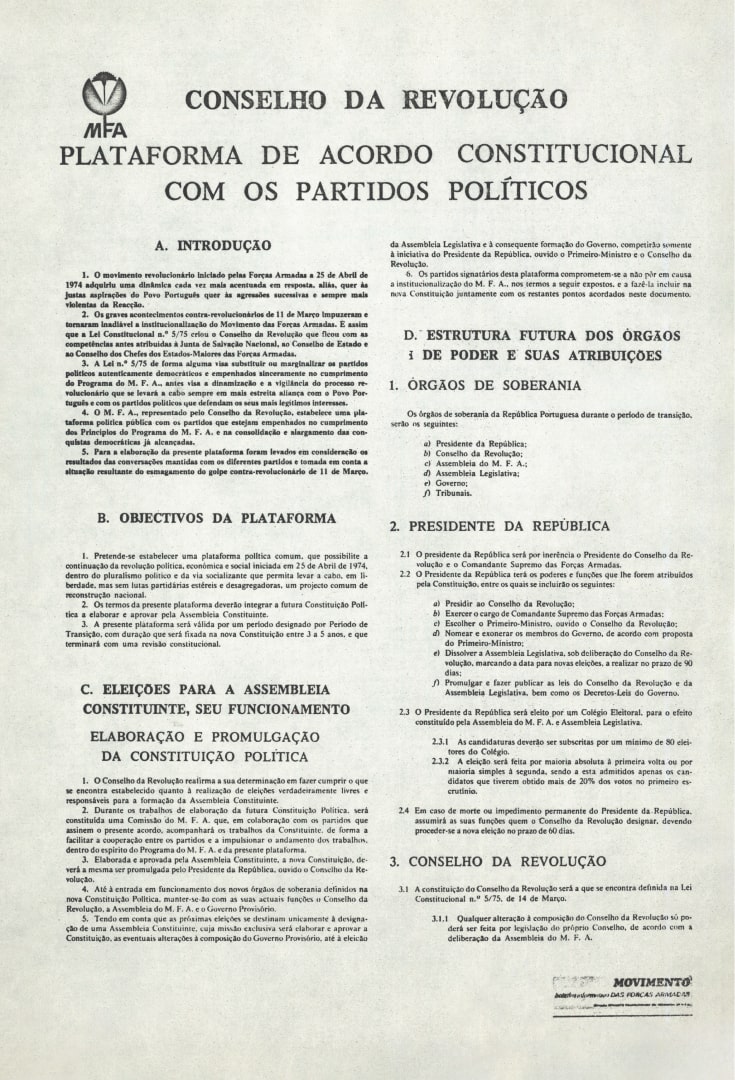 Plataforma de Acordo Constitucional entre o MFA e os Partidos Políticos, 11 de abril de 1975. ANTT, Fundo Tito de Morais.