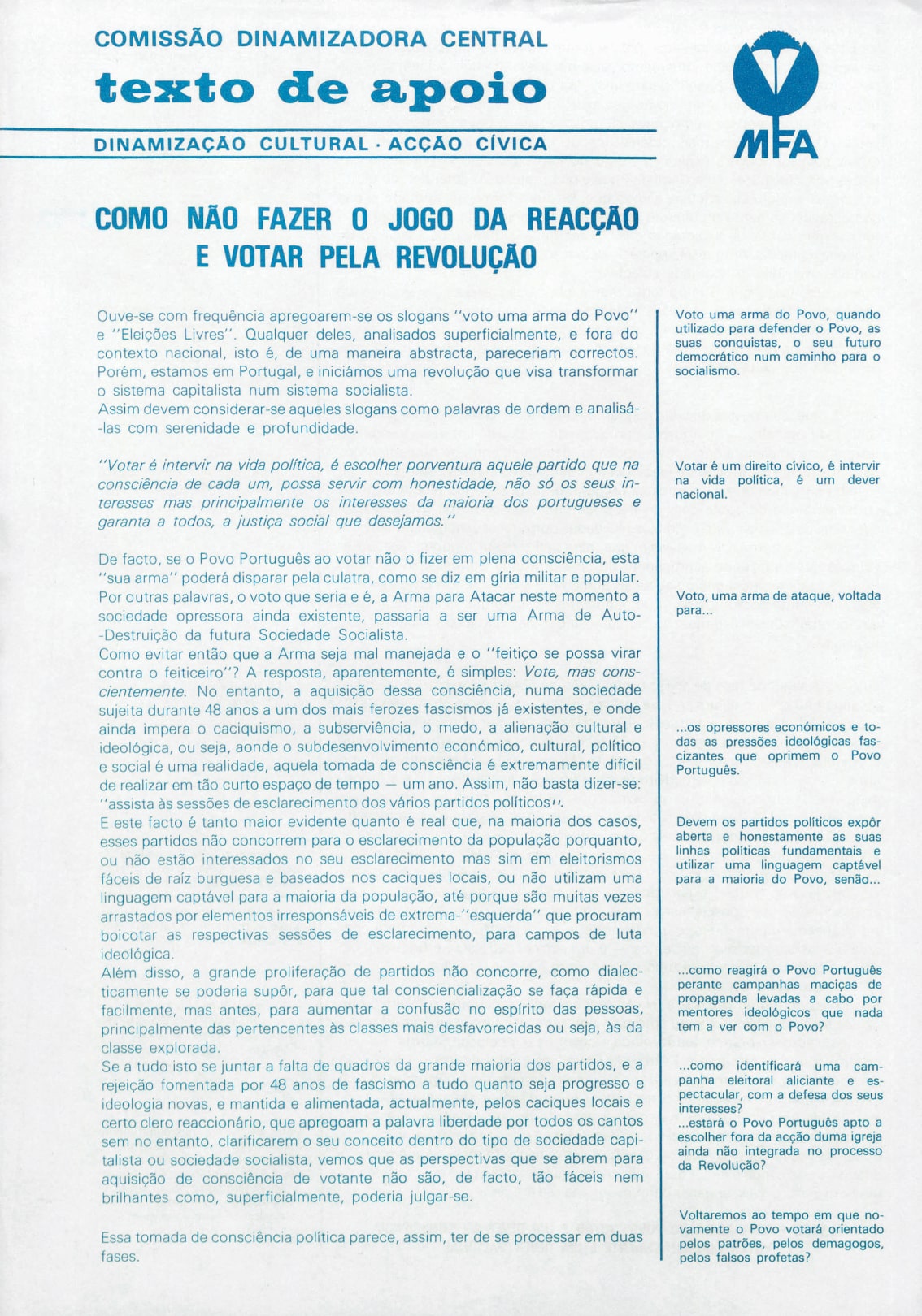 «Como não fazer o jogo da reação e votar pela revolução», folheto do MFA no âmbito da campanha eleitoral para a Assembleia Constituinte. 1975. ADN.