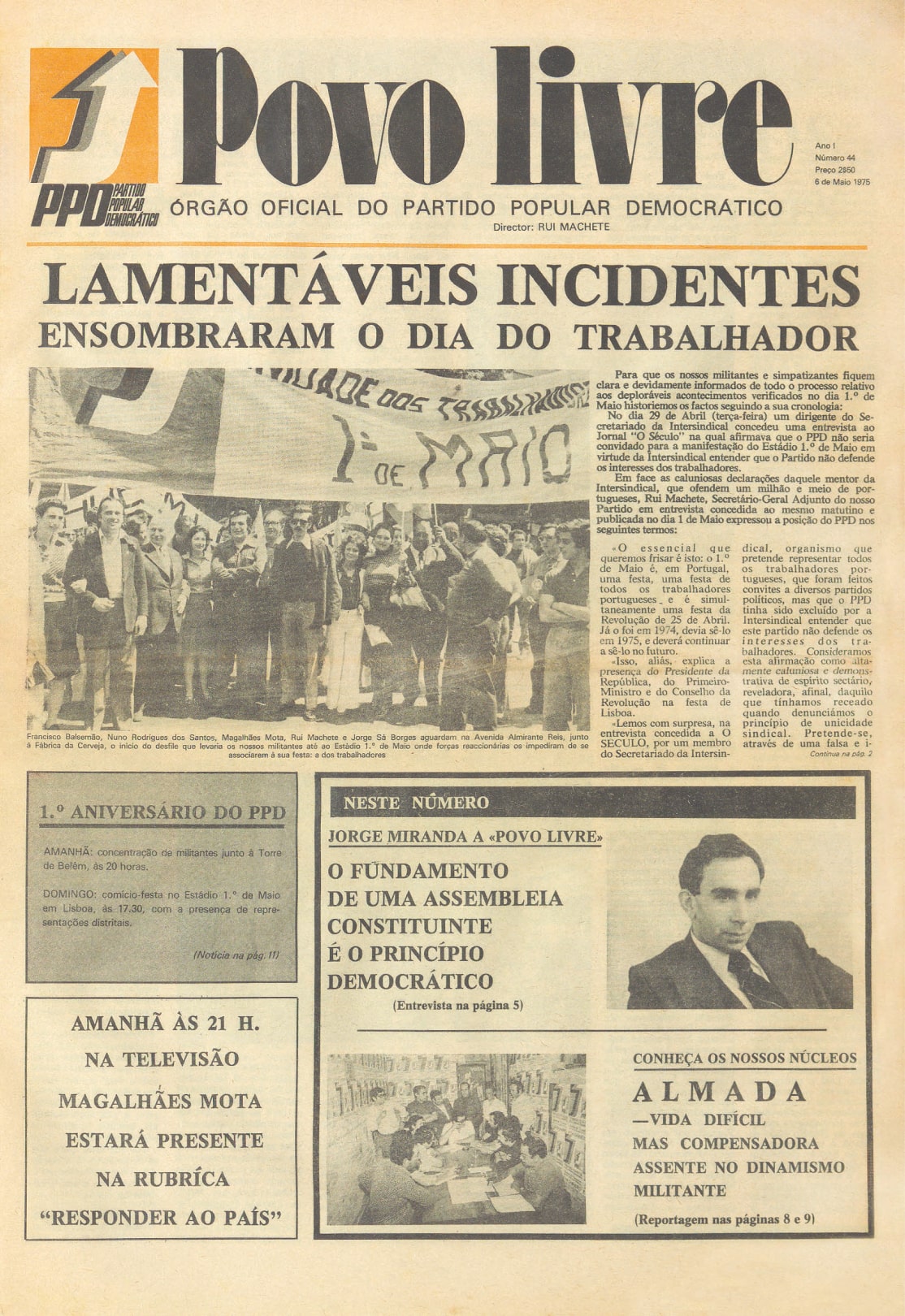 O órgão do Partido Popular Democrático (PPD) denunciou os incidentes das celebrações do 1.º de Maio. Povo Livre, 06 de maio de 1975. ADN.