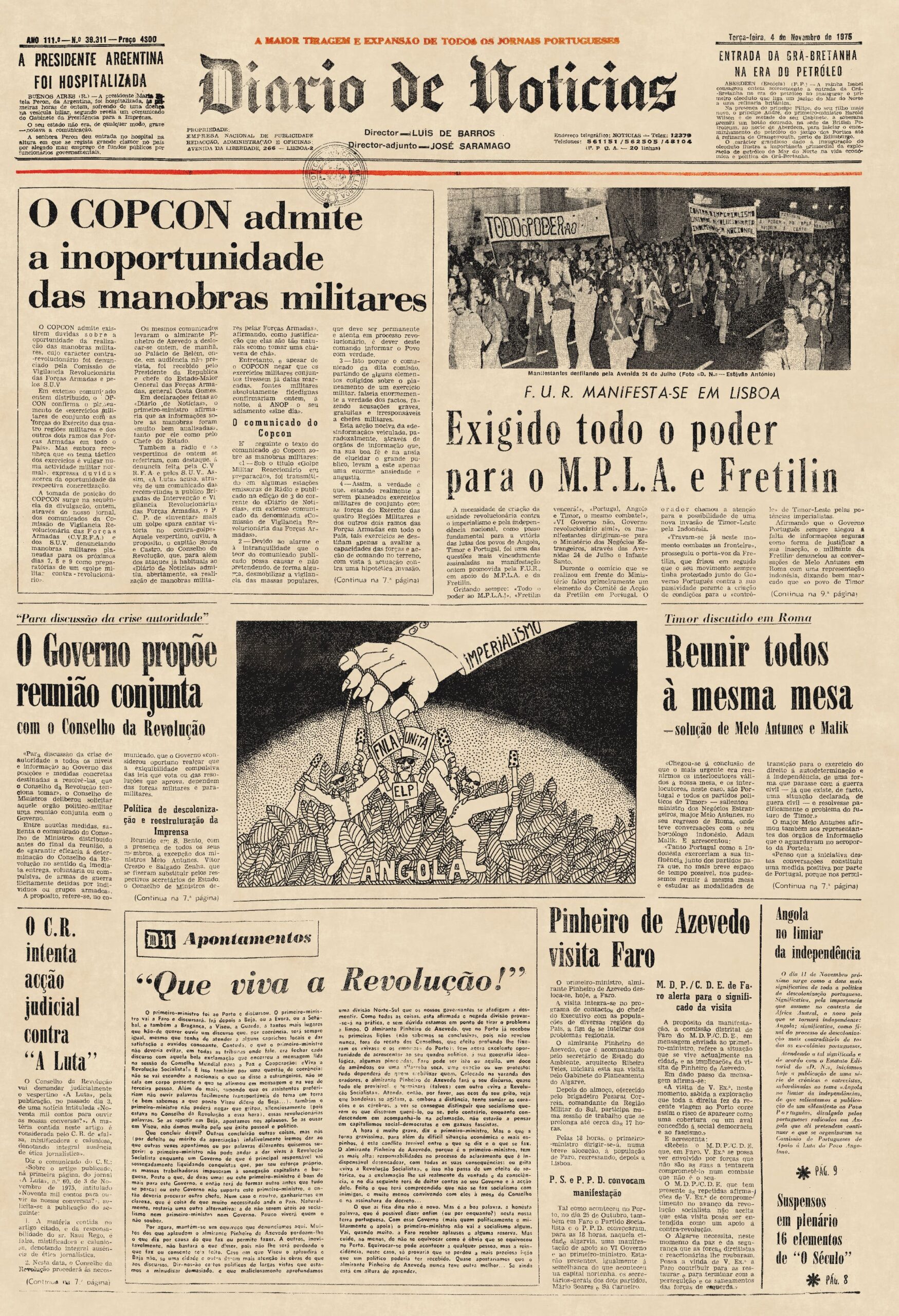 A instabilidade política e a independência de Angola marcaram a atualidade política do outono de 1975. Diário de Notícias, 4 de novembro de 1975. HML.