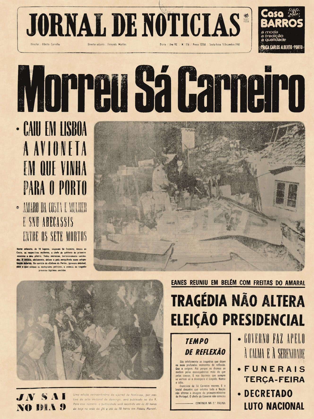 Acidente de aviação vitimou o Primeiro-Ministro Sá Carneiro e o Ministro da Defesa Nacional Amaro da Costa. Jornal de Notícias, 5 de dezembro de 1980. HML.