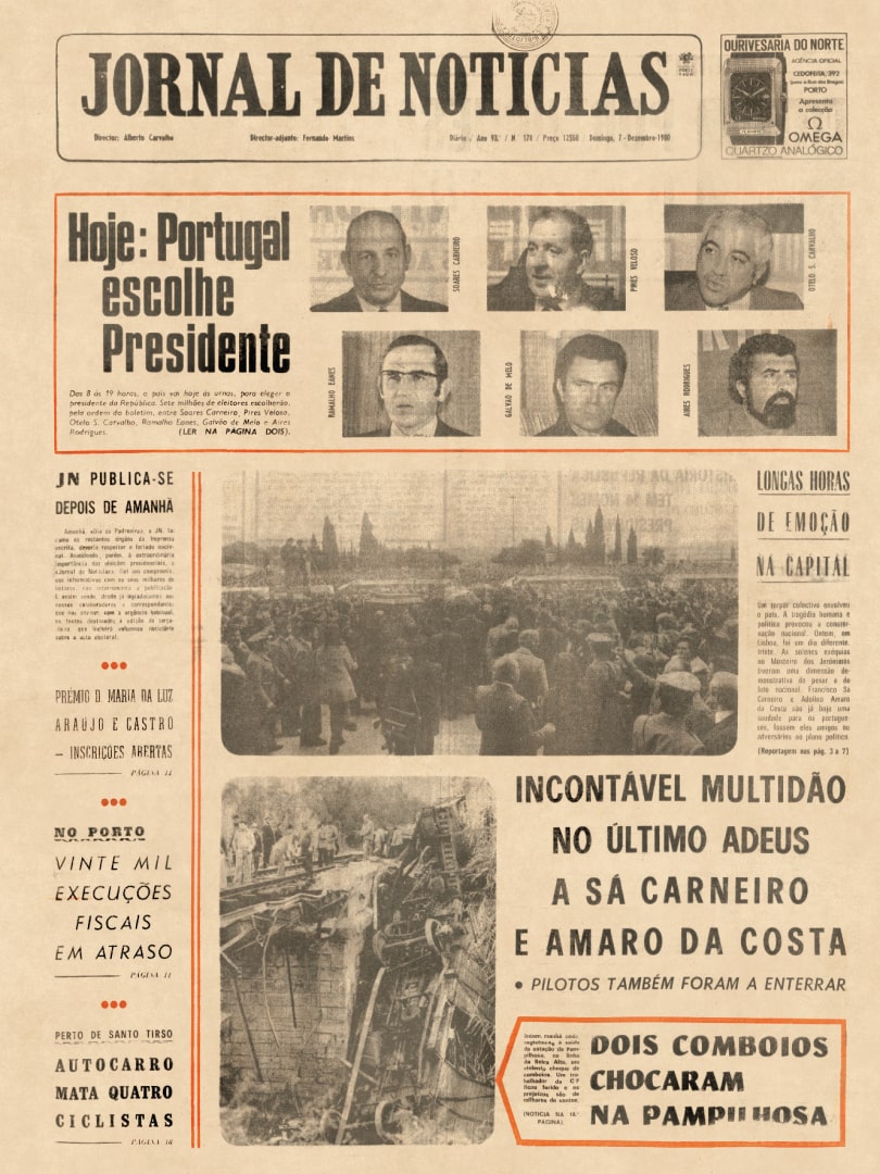 A morte do Primeiro-Ministro Sá Carneiro marca o dia das eleições presidenciais. Jornal de Notícias, 7 de dezembro de 1980. HML.