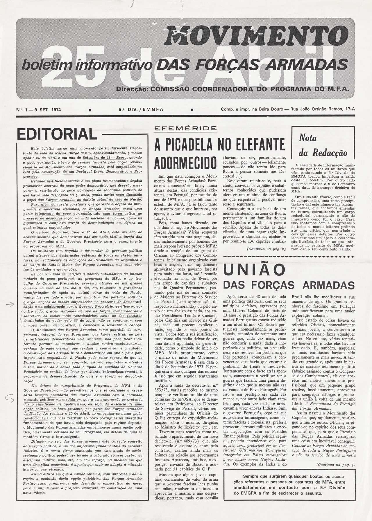 Boletim informativo do Movimento das Forças Armadas, n.º 1, 9 de setembro de 1974. Fonte: Associação 25 de Abril