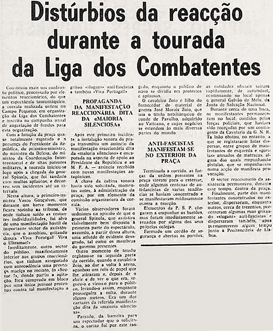 Notícia sobre distúrbios durante a tourada da Liga dos Combatentes, República, 27 de setembro de 1974