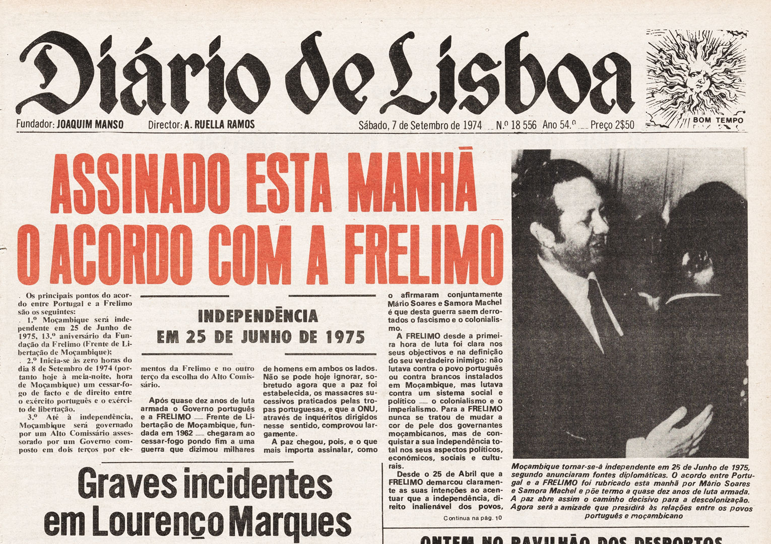 Notícia sobre a assinatura do acordo entre o Estado Português e a FRELIMO (Acordo de Lusaca), sobre a independência de Moçambique. Fonte: Diário de Lisboa, 7 de setembro de 1974.