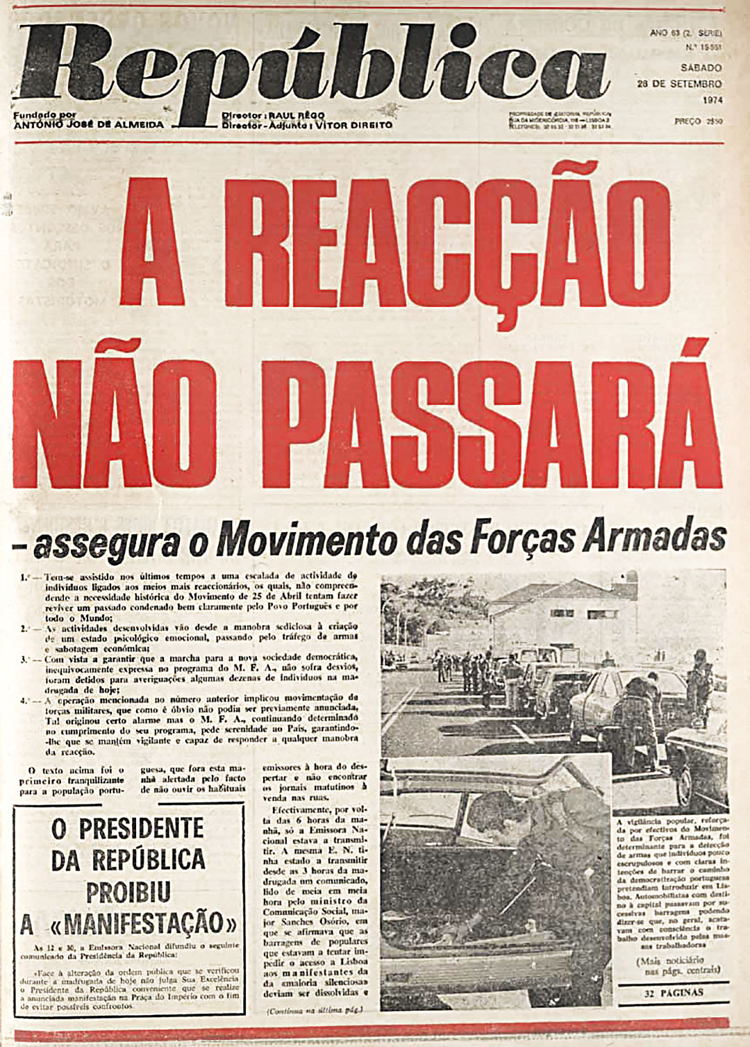 Notícias sobre os acontecimentos do 28 de Setembro. República, 28 de setembro de 1974.