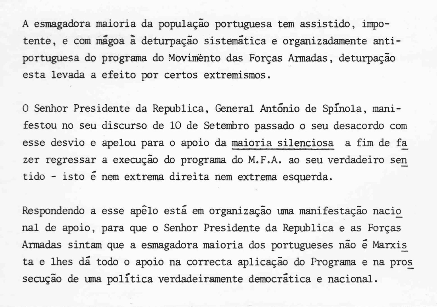 Panfleto de apoio à organização da manifestação da «maioria silenciosa». 1974. Fonte: Arquivo Ephemera