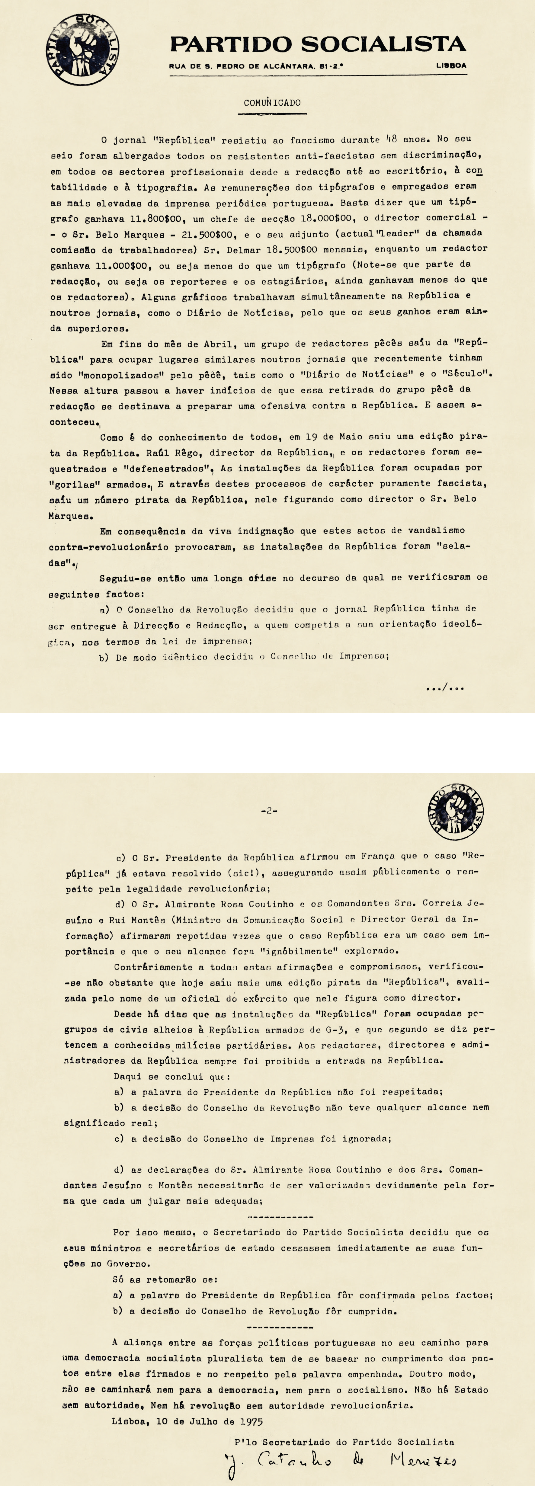 Comunicado do Partido Socialista (PS) sobre o «caso República». 10 de julho de 1975. Coleção Particular.