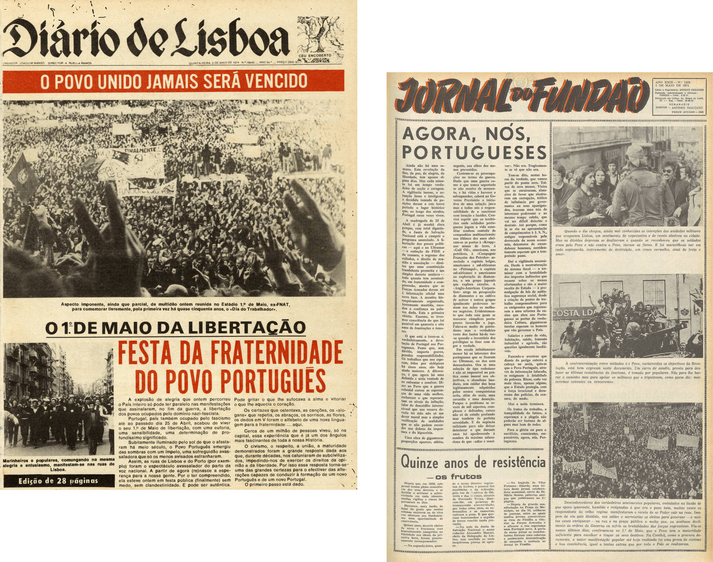 Notícias sobre as manifestações do 1.º de Maio. Diário de Lisboa, 02 de maio de 1974 e Jornal do Fundão, 05 de maio de 1974. FMSMB e HML.