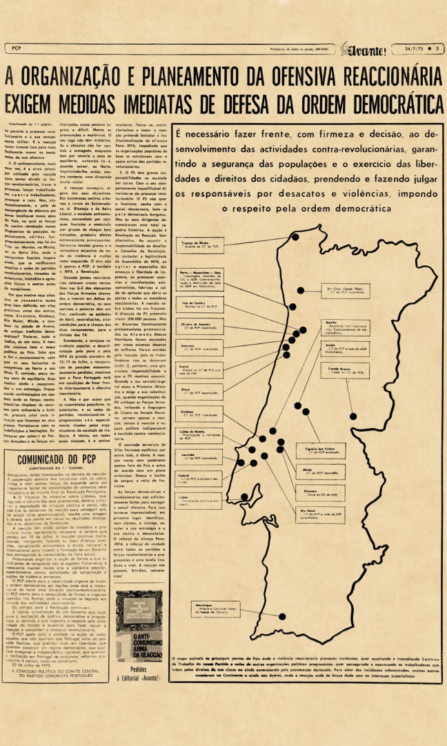 Mapa dos Centros de Trabalho do Partido Comunista Português (PCP) atacados no Verão de 1975. Avante!, 24 de julho 1975. HML.