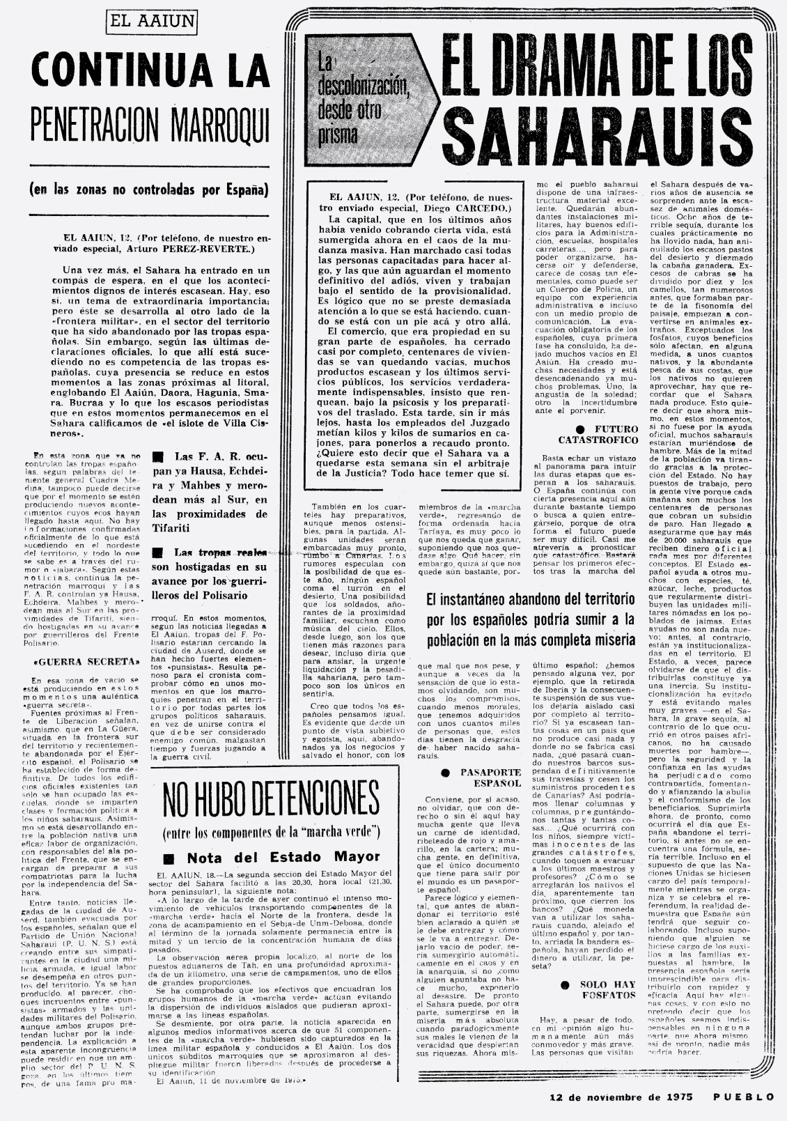 Fonte: AGA, 81, 16575,0007 (Pueblo, Madrid, 12.11.1975, Reportagens assinadas por Arturo Pérez-Reverte e Diego Carcedo)