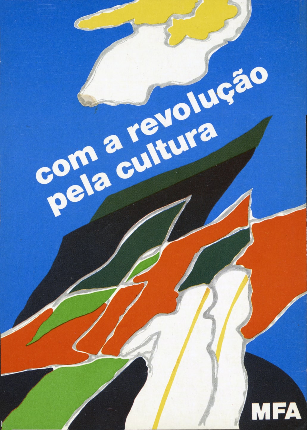 Reprodução em postal do cartaz «Com a revolução pela Cultura». Desenho de Justino Alves. 1974. Fonte: FMSMB, Fundo Paulo Barral. 