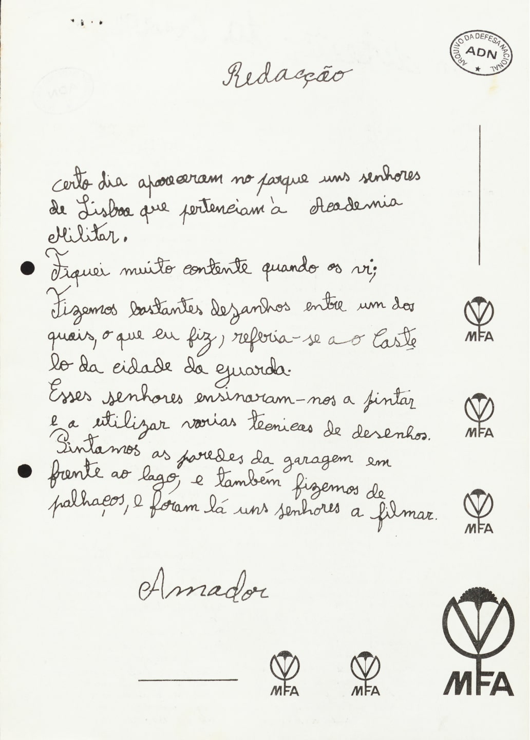 Redação de uma criança reproduzida na versão infantil do boletim «Trabalhar com o povo, construir a revolução», sobre a intervenção da Academia Militar no Distrito da Guarda. Julho-agosto 1975. ADN, EMGFA.