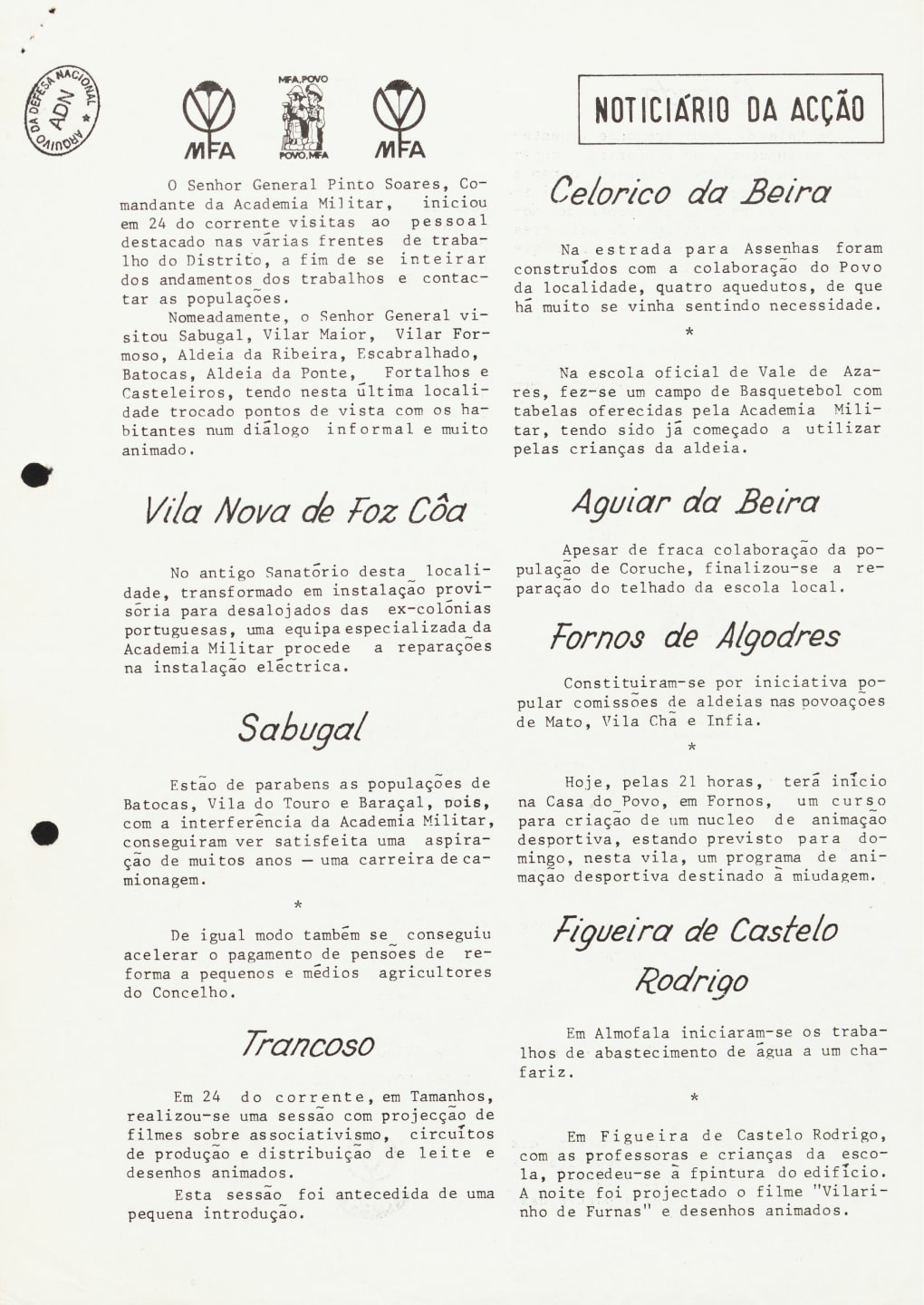 Excerto do «Noticiário de Ação» do Boletim n.º 5 da Academia Militar no Distrito da Guarda, com informações relativas às atividades dinamizadas em localidades como Sabugal ou Celorico da Beira. 26 de julho de 1975. ADN, EMGFA.