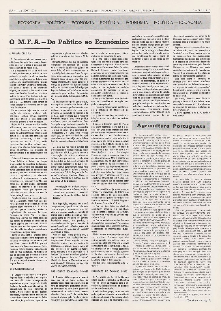 O Boletim da 5.ª Divisão, Movimento, publicou um artigo particularmente crítico do trabalho da equipa responsável pela elaboração do Programa de Política Económica e Social. Movimento, 12 de novembro de 1974. Fonte: FMSMB, Fundo Boletim MFA.