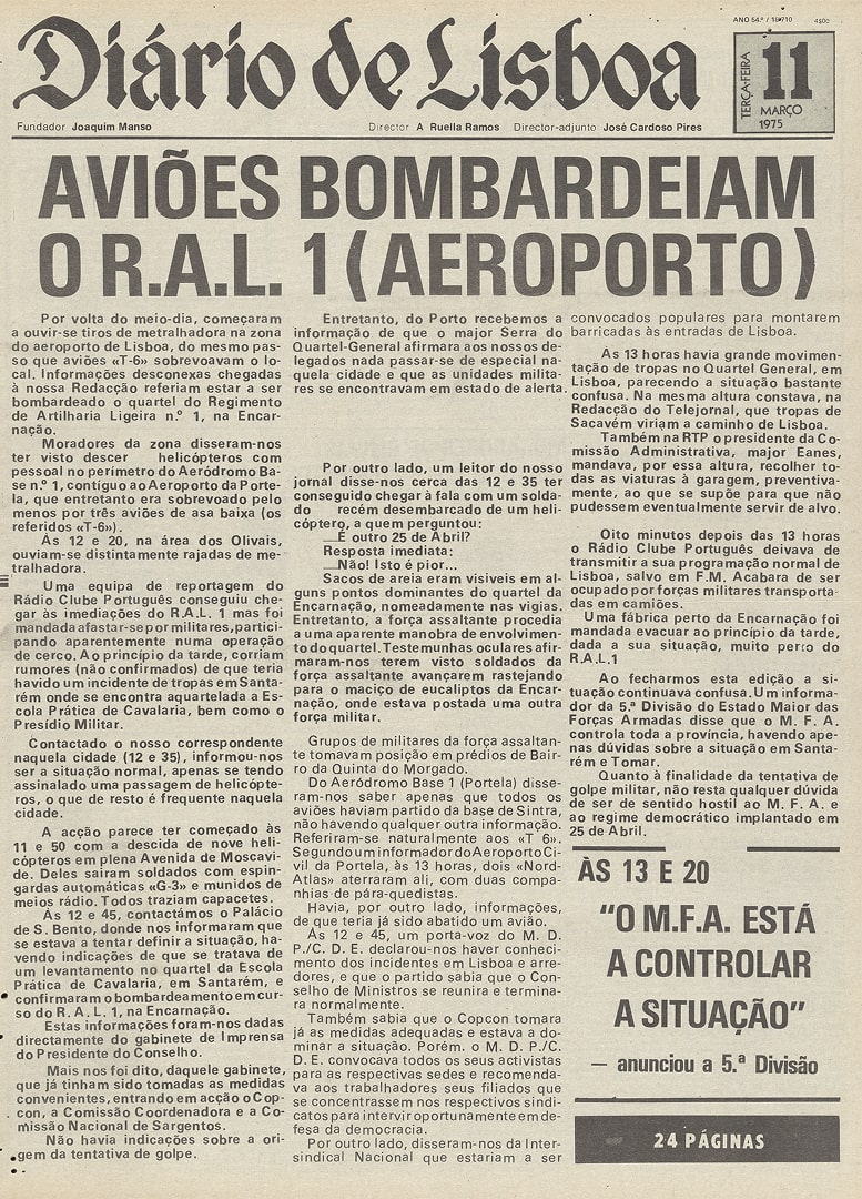 Capa do Diário de Lisboa, 11 de março de 1974 (1ª edição).