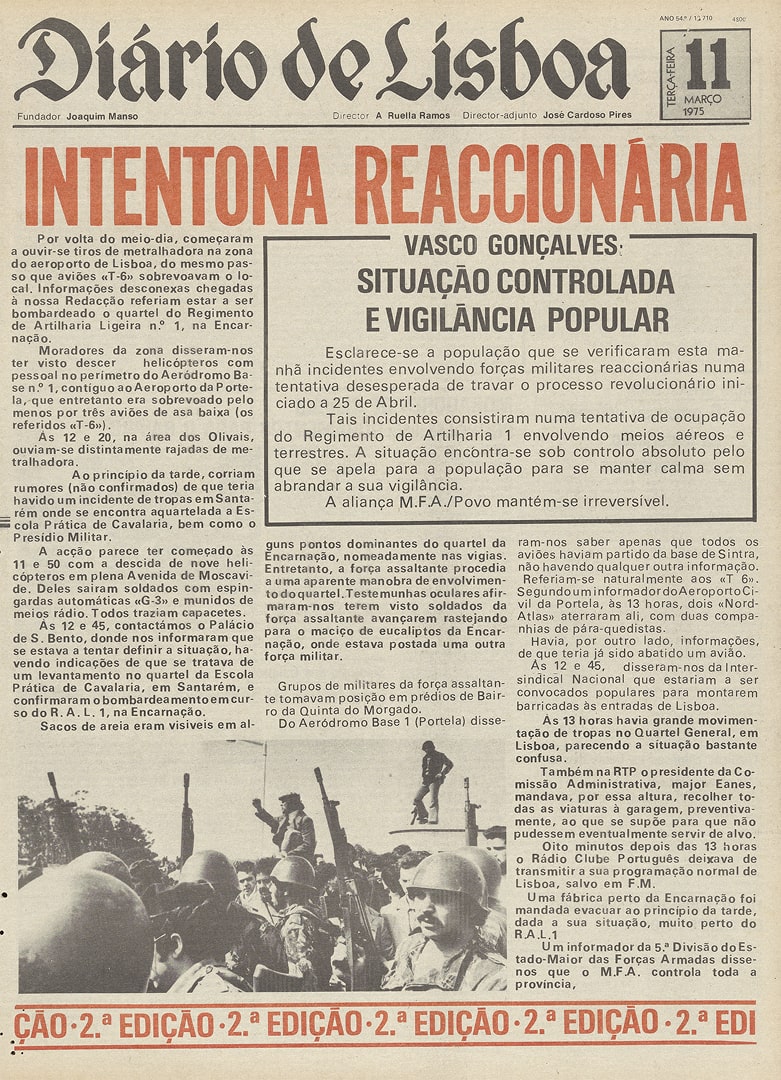 Capa do Diário de Lisboa, 11 de março de 1974 (2ª edição).