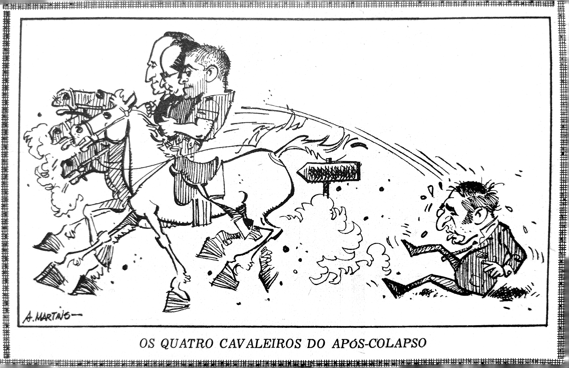 Cartoon «Os Quatro Cavaleiros do após-colapso», alusivo aos acontecimentos do 28 de Setembro. Jornal do Fundão, 13 de outubro de 1974. Fonte: HML.