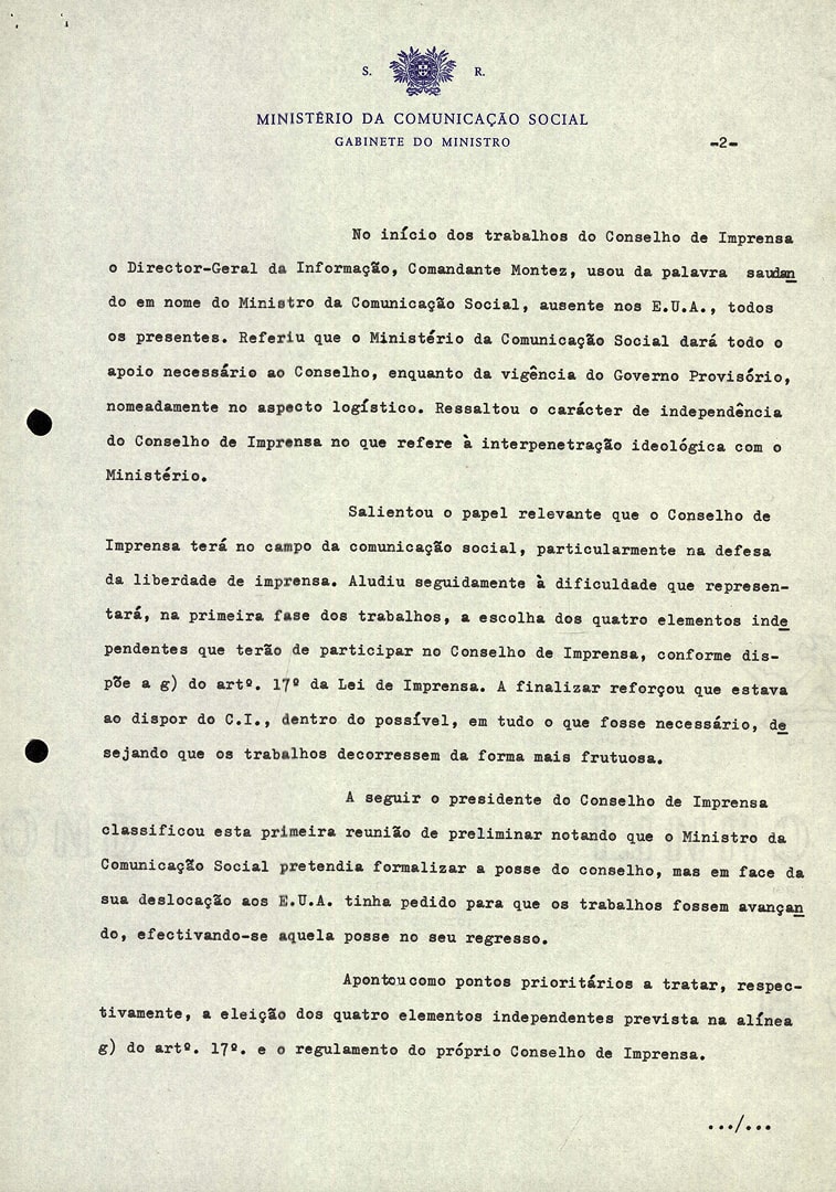 Acta da primeira reunião do Conselho de Imprensa, 7 de maio de 1975. Fonte: ANTT, CIM